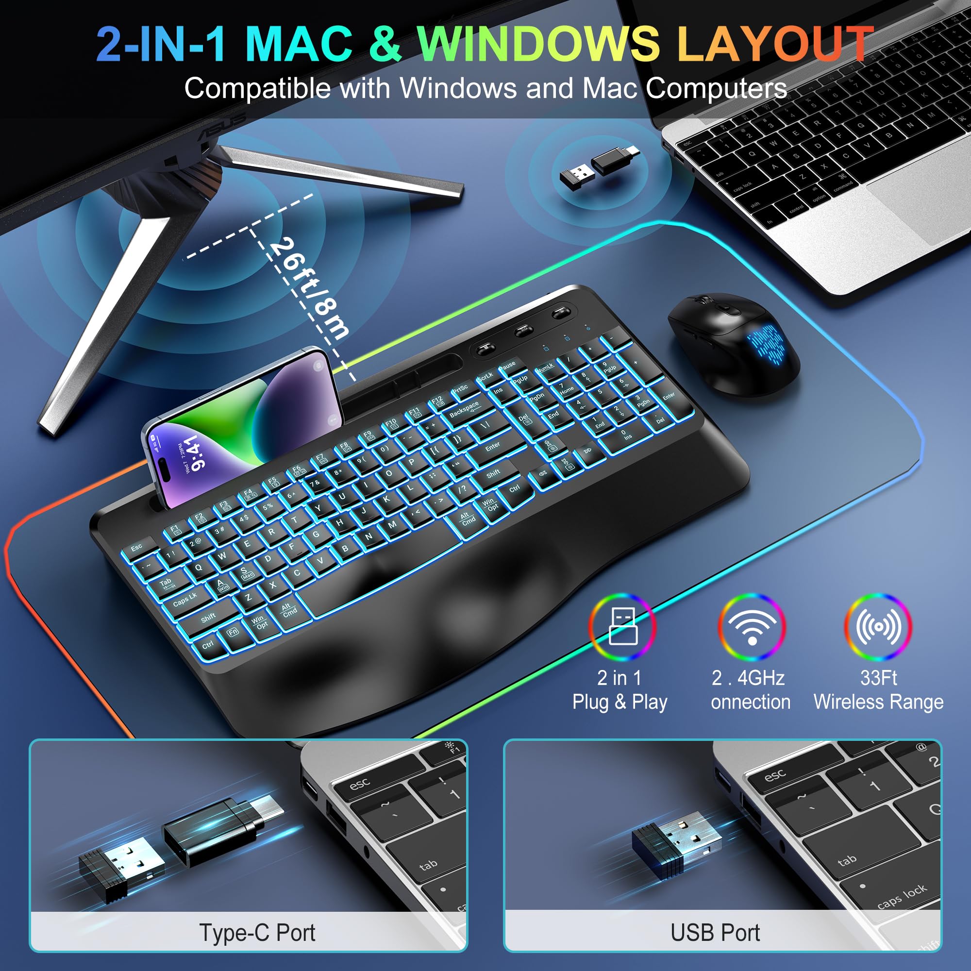 Wireless Keyboard and Mouse Combo Telylou Ergonomic Quiet Keyboard Mouse Combo 7 Backlit Effects, Wrist Rest, Phone Tablet Holder 2.4GHz Ergonomic Mouse and Keyboard for Windows, Mac, Computer, PC