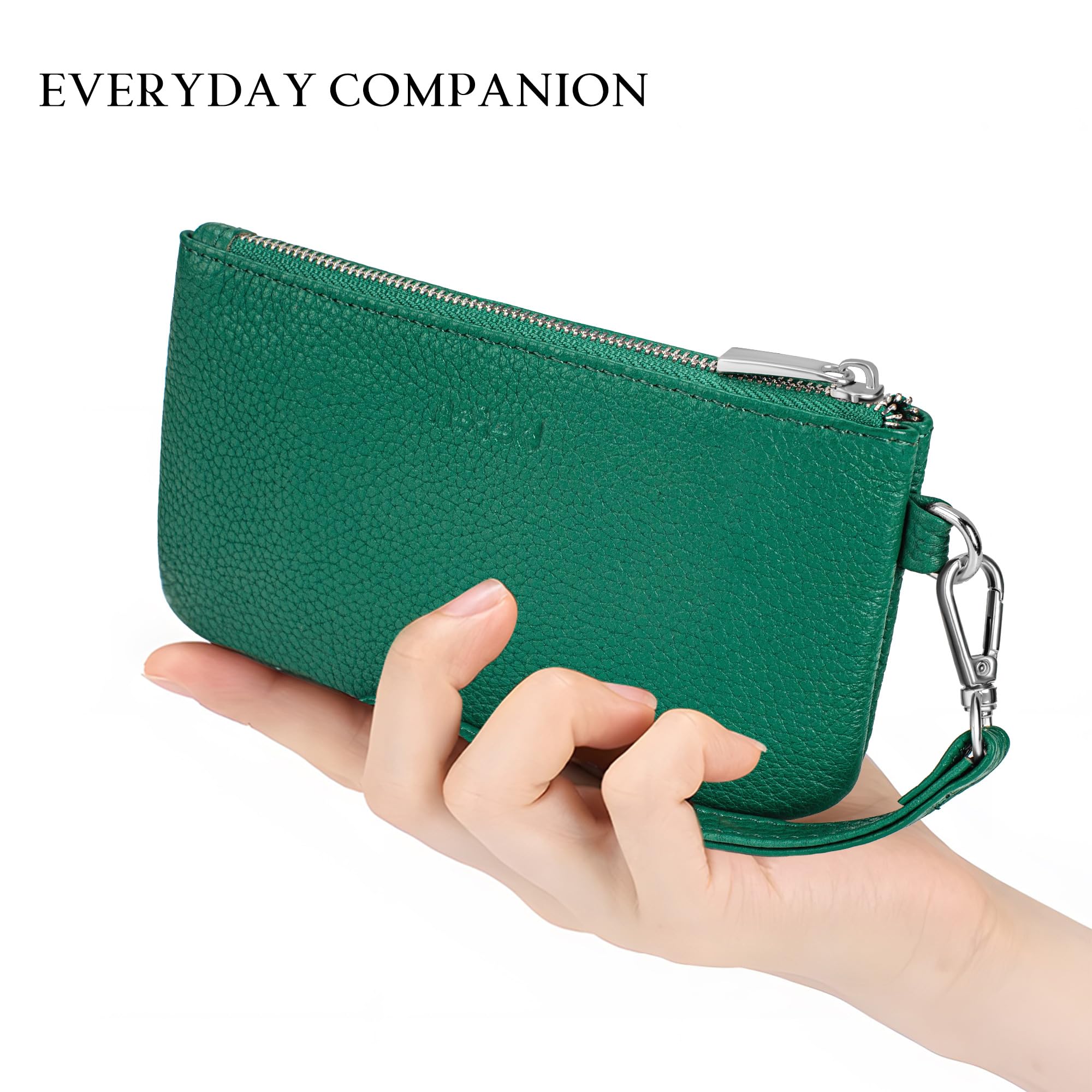 befen Genuine Leather Coin Purse for Women, Small Black Change Purse Womens Small Zipper Wristlet Wallet, Wristlet Money Bag Mini Coin Pouch with Removable Wrist Strap, Green