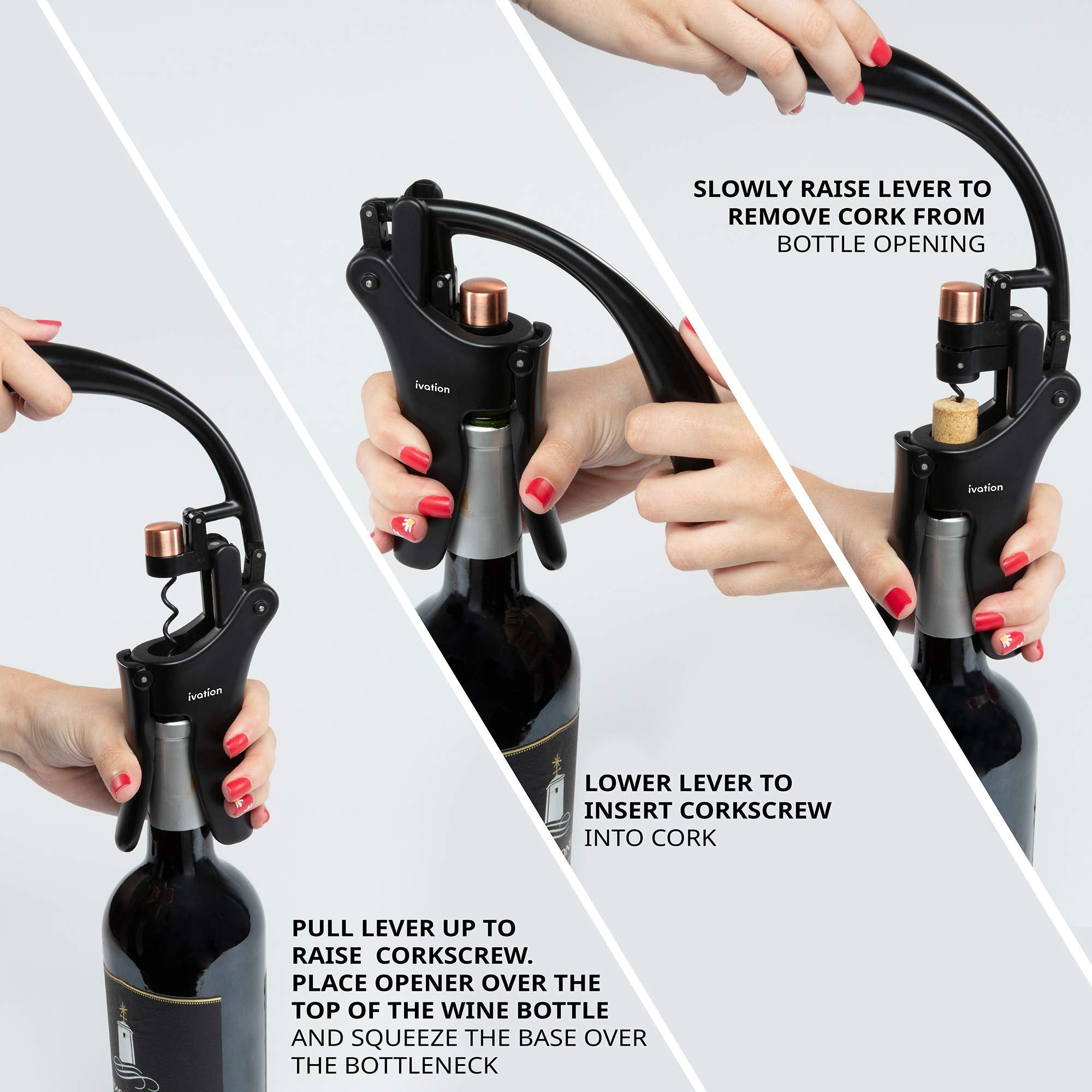 Ivation Wine Bottle Opener | Manual Handheld Corkscrew with Ergonomic Lever Pump, Standing Vertical Design, Soft Bottleneck Grip, Nonstick Screw & Easy No-Twist Cork Removal | Black & Bronze Stainless