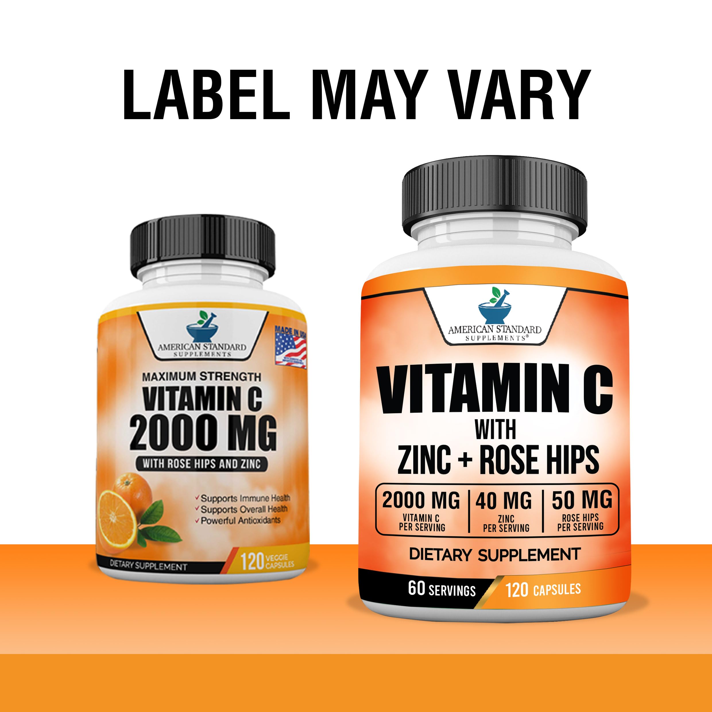 American Standard Supplements Vitamin C 2000mg, Zinc 40mg, and Rose HIPS 50mg Per Serving – Vegan, Gluten Free, Non-GMO (120 Count) (Pack of 2)