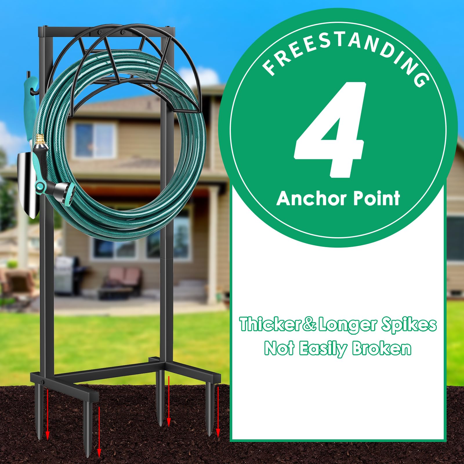 TomCare Garden Hose Holder Water Hose Holder 4 Spikes Garden Hose Reel Hose Stand Upgraded Hose Storage with Tool Hooks Garden Hose Hanger Hose Organizer Holds 150ft Hose for Outside Yard Lawn, Black