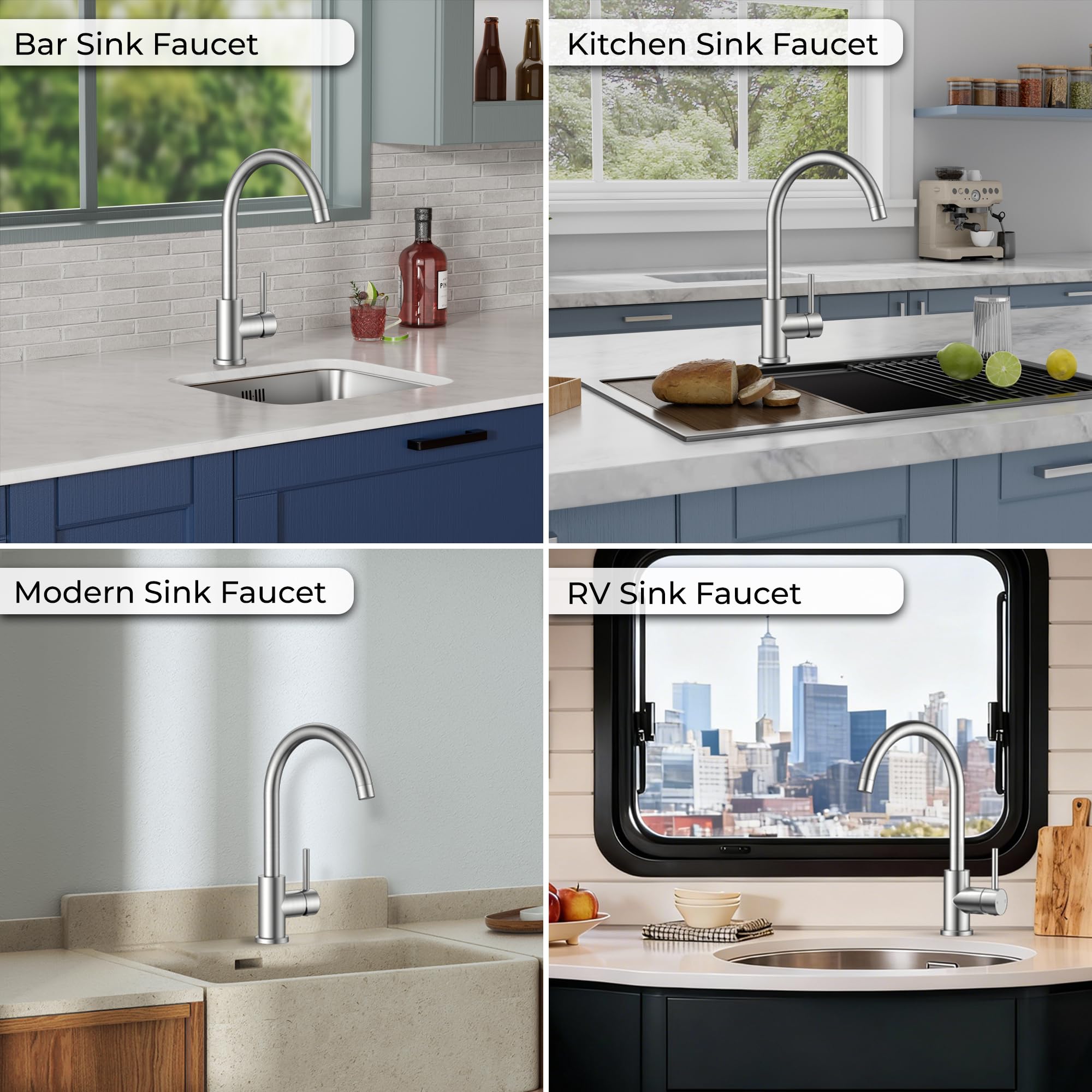 FORIOUS Kitchen Faucet, Brushed Nickel Commercial Modern Single Handle Faucet for Kitchen Sink, Stainless Steel High Arc with Deck Plate for 1 or 3 Hole, Suitable for Bar RV Camper Outdoor