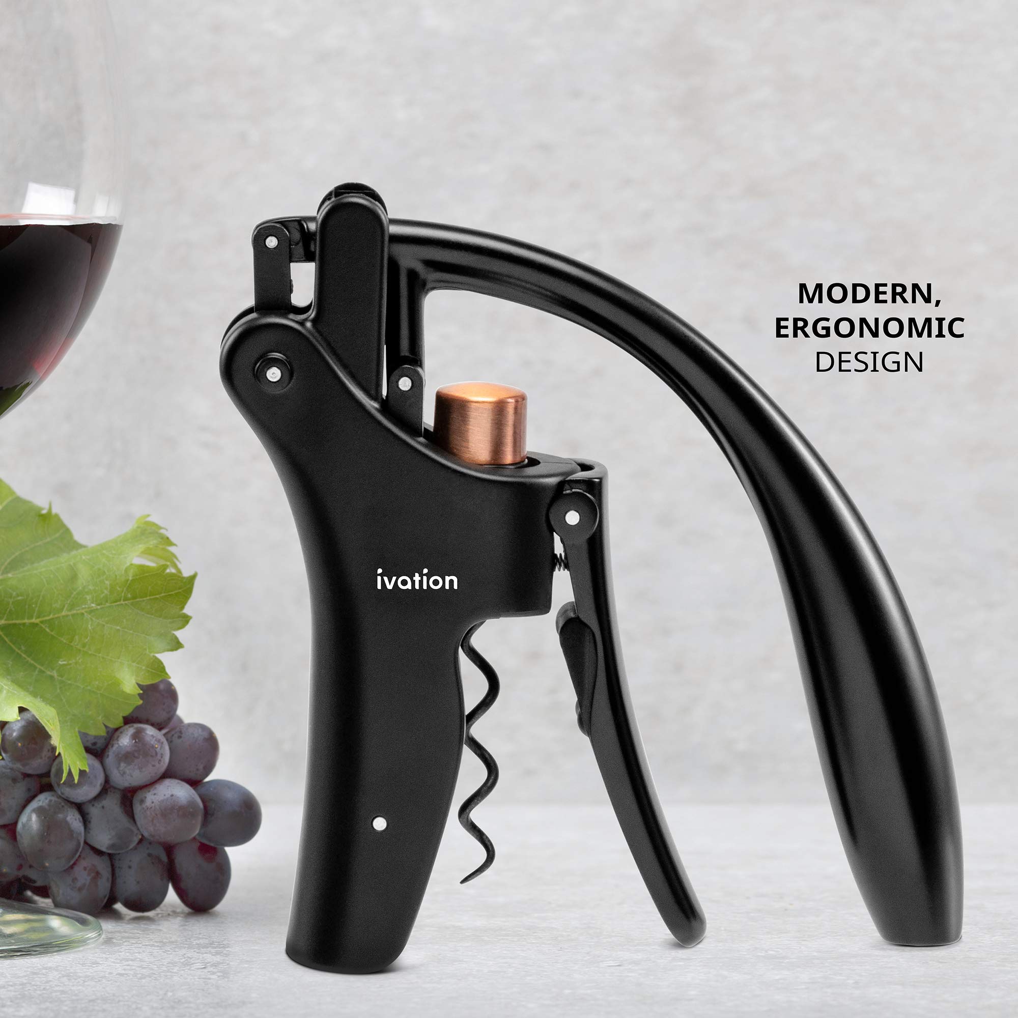 Ivation Wine Bottle Opener | Manual Handheld Corkscrew with Ergonomic Lever Pump, Standing Vertical Design, Soft Bottleneck Grip, Nonstick Screw & Easy No-Twist Cork Removal | Black & Bronze Stainless