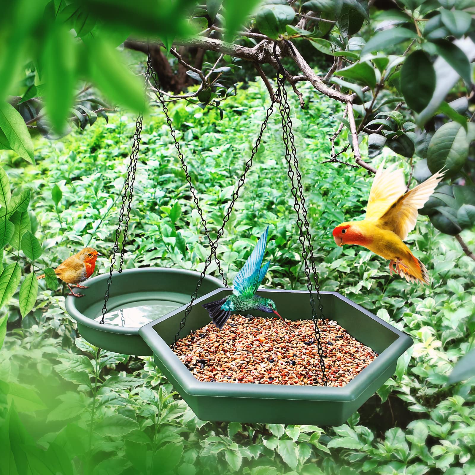 Hanging Bird Bath,2 in 1 XL Hanging Bird Feeder & Birds Bath for Outside, Birds Water Feeder,Tray for Outdoors Garden Patio Decoration