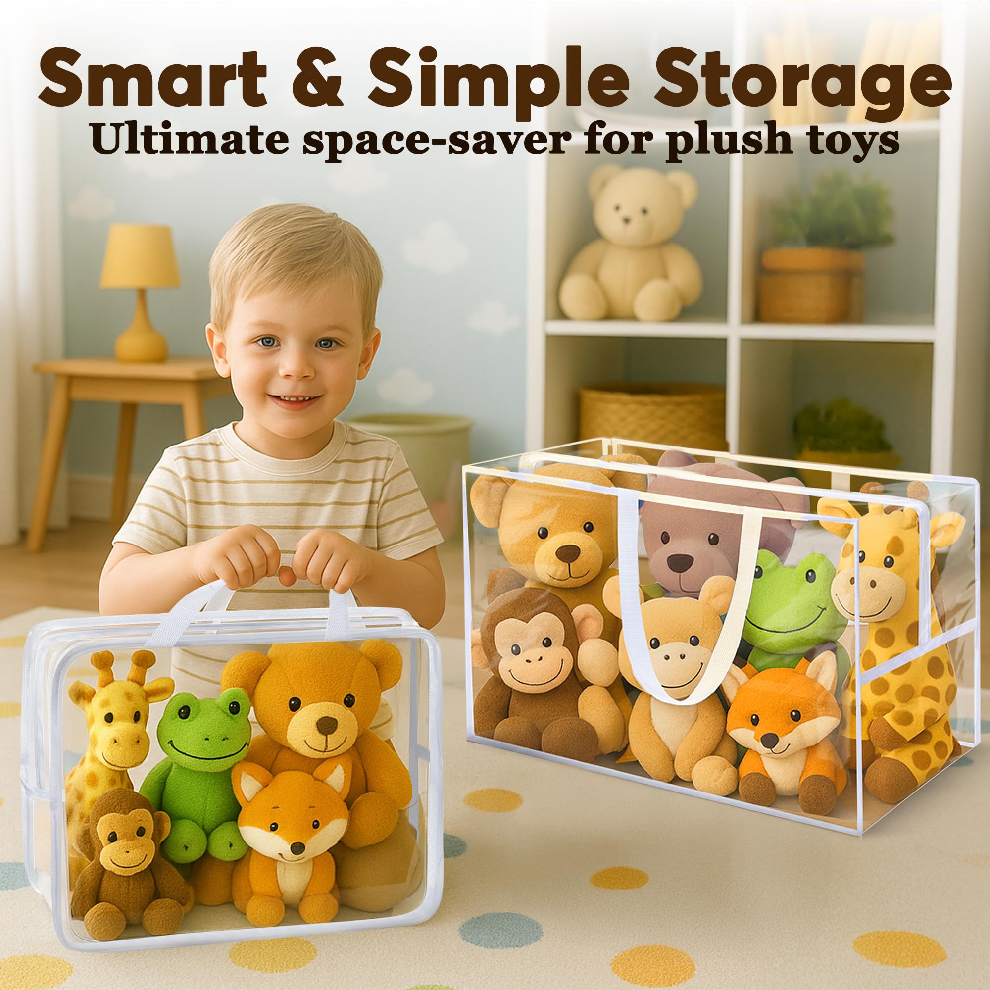 Honeyera Stuffed Animals Storage Bags with Zipper - Set of 2 with 1 Large Toy Storage Bag for Home Organization & 1 Portable Small Tote for Travel - Clear PVC Material for Easy Visibility & Organizin