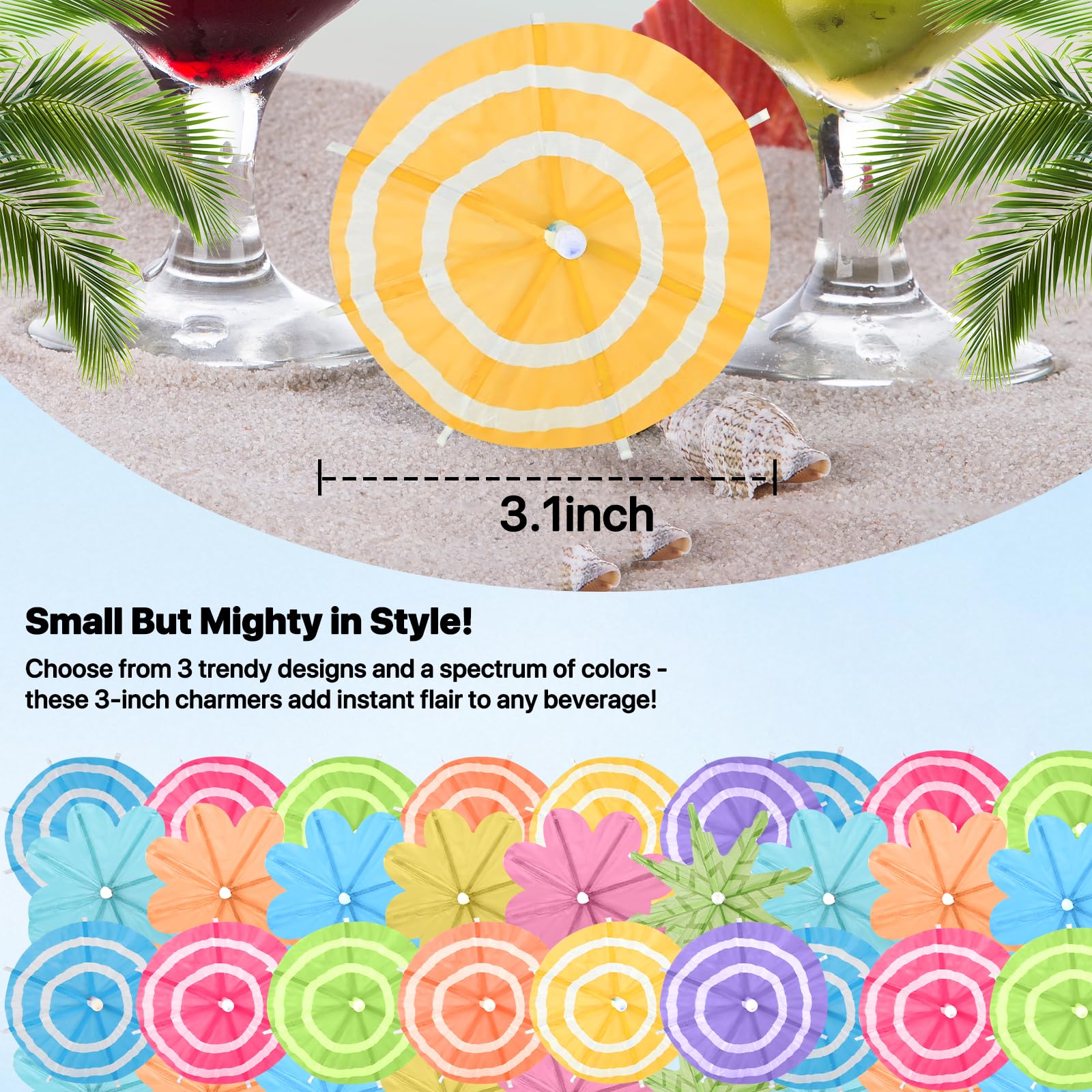 【150 PCS - 3 Styles】Cocktail Umbrellas Picks, Mini Drink Umbrella Toothpicks for Tropical Tiki Hawaiian Luau Party, Tiny Paper Parasol for Drink Garnish, Decoration, Beverage Sticks, Cupcake Topper.