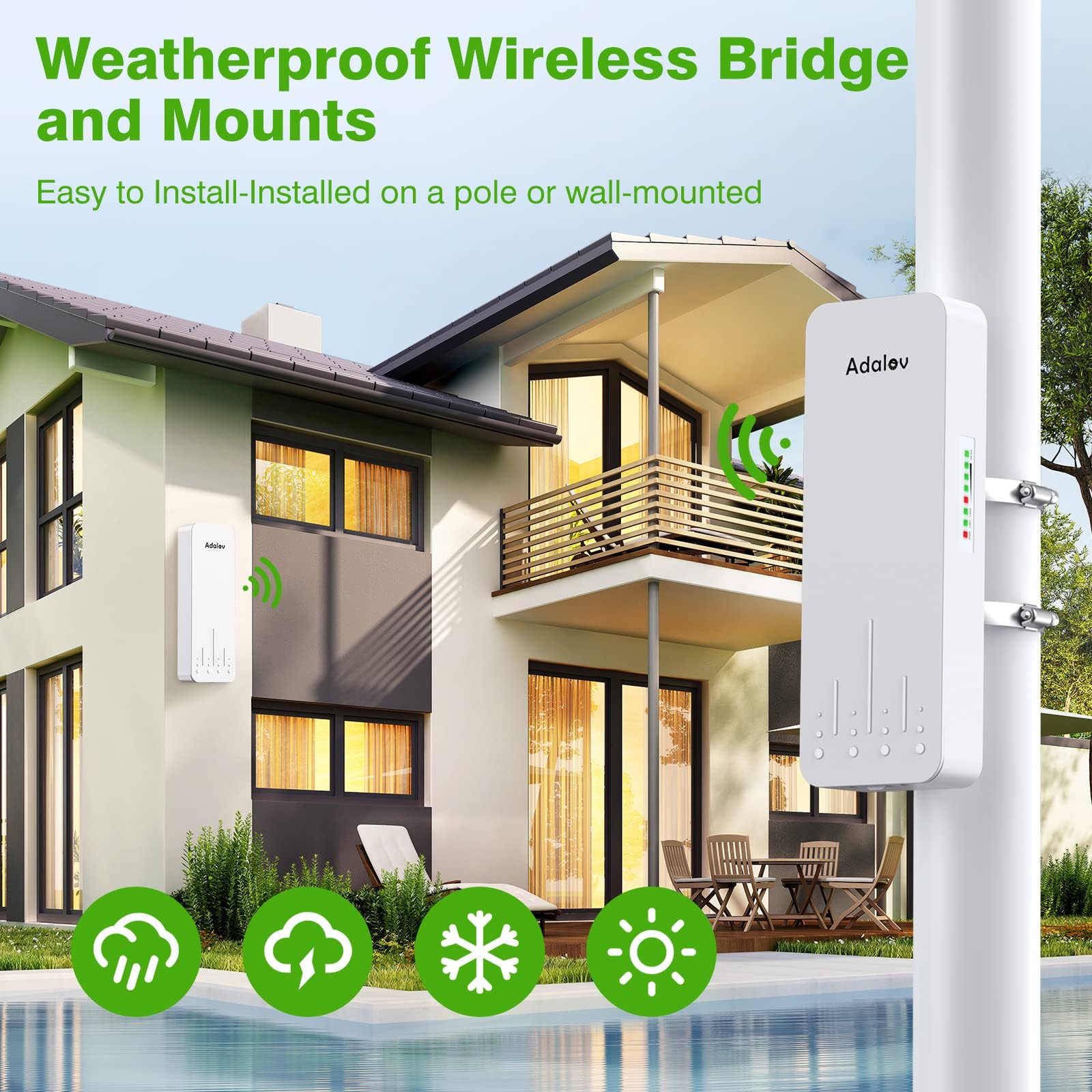 Wireless Bridge with 2 Bracket Mounts, 3KM 5.8G Point to Point Outdoor CPE, Adalov CPE660 Long Range WiFi Bridges for PtP/PtMP with 14DBi High Gain Antenna, PoE Adapter, 2 RJ45 Ethernet Port, 2 Pack