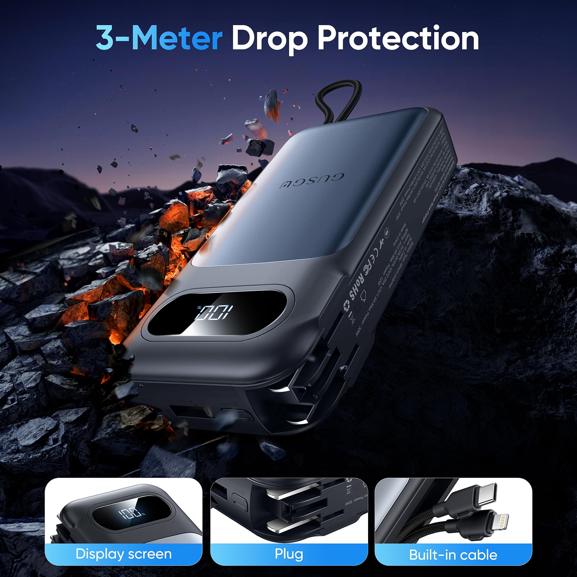 GUSGU 10000mAh Airline Approved Power Bank Built in Charger, 22.5W Max Portable Battery Pack with Lightning/USB C Cable, Cell Phone Travel Charger for iPhone 15/16, iPad, Samsung, Google