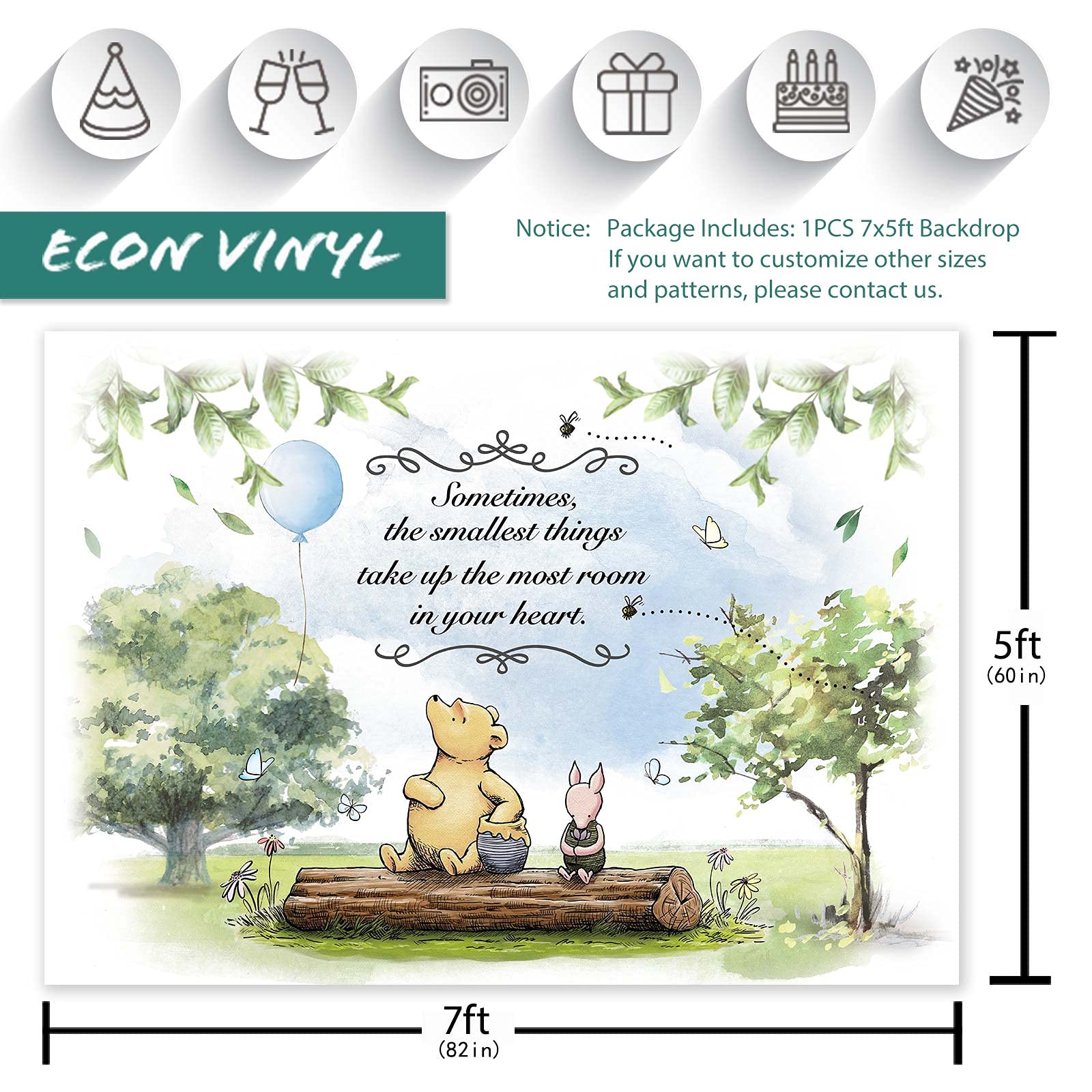 Classic Winnie Bear Baby Shower Backdrop Party Decorations Supplies for Boys Newborn Kids Blue Balloon and Friends Birthday Cake Table Banner Photo Studio Props Photography Background 7x5ft