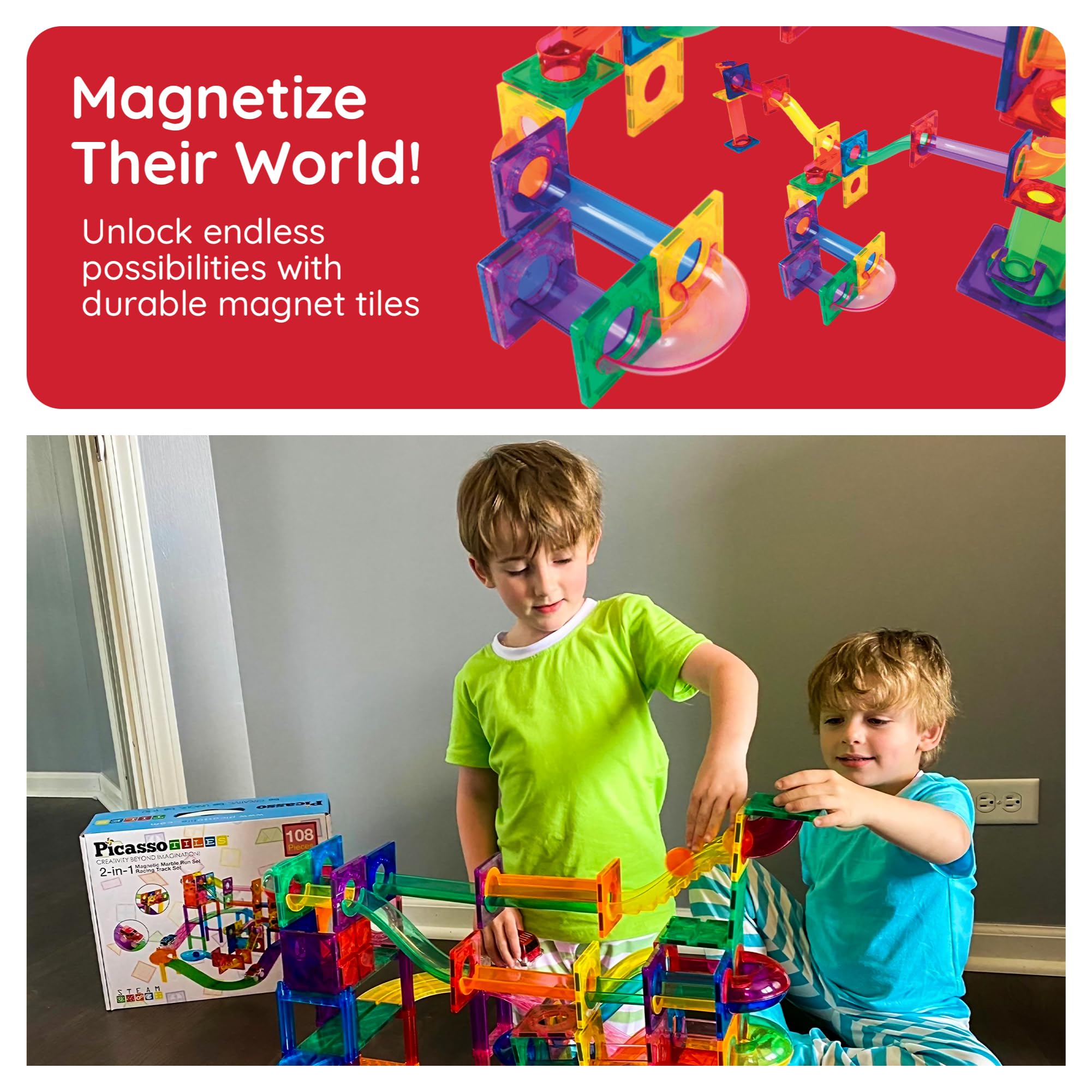 PicassoTiles 108pc 3-in-1 Marble Run Car Race Track Combo Magnetic Tiles PicassoToys Magnet Building Block Educational Construction Toy Playset STEM STEAM Learning Kit Child Brain Development PTG108
