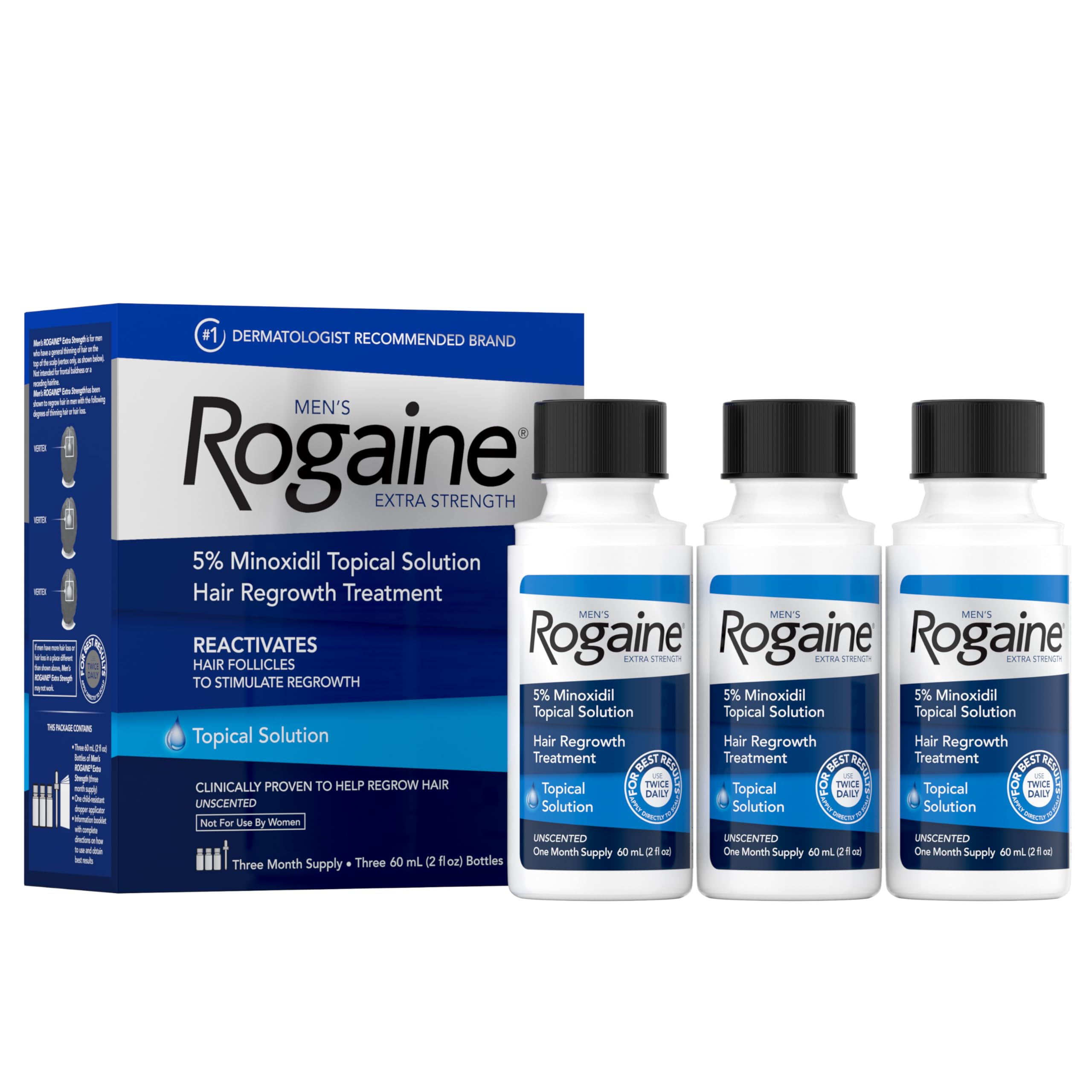 Men's Rogaine Extra Strength 5% Minoxidil Solution, 3 Mo Supply, 3x 2 Fl Oz