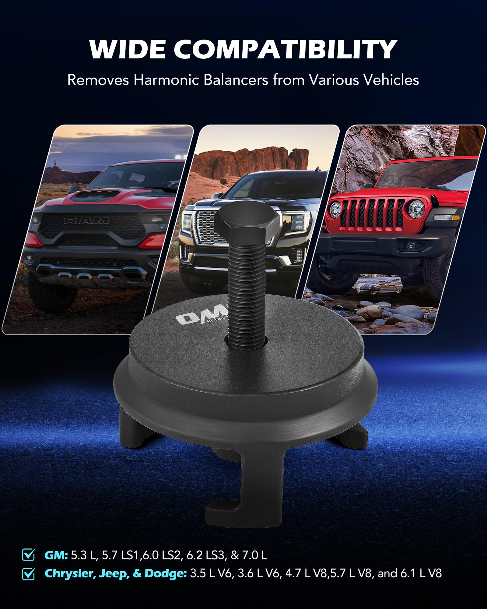 Orion Motor Tech Harmonic Balancer Puller for Engine Balancer Removal Replacement, LS Crank Pulley Puller Compatible with GM Chrysler Jeep Dodge, Harmonic Damper Puller with 24MM Socket