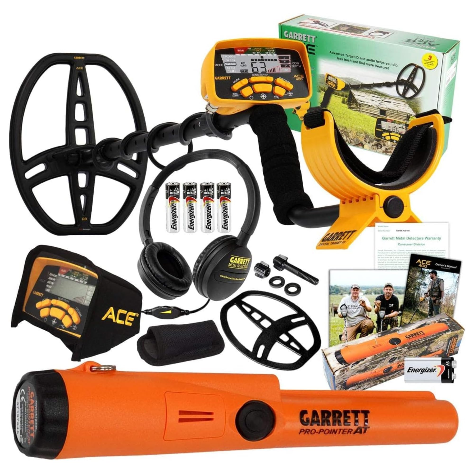 Garrett ACE 400 Metal Detector Bundle – Made in The USA - Digital Target ID, Iron Audio, Adjustable Frequency, Includes Pro-Pointer at, Headphones & Searchcoil Cover