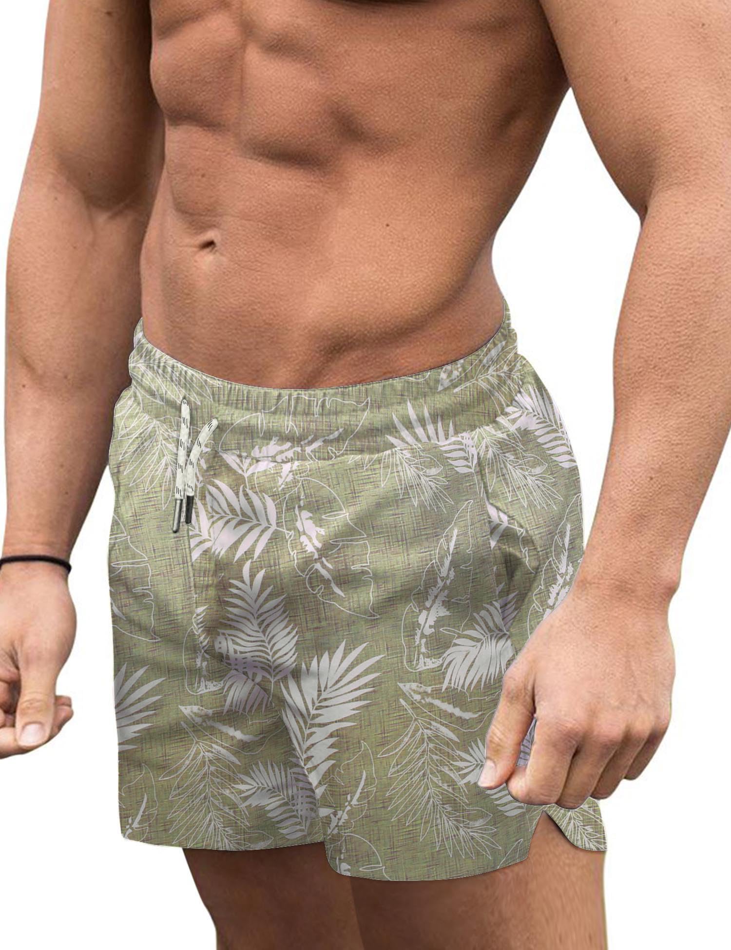 COOFANDY Mens Quick Dry Printed Short Swim Trunks Beach with Mesh Lining Swimwear Bathing Suits Green Plam Leaf M