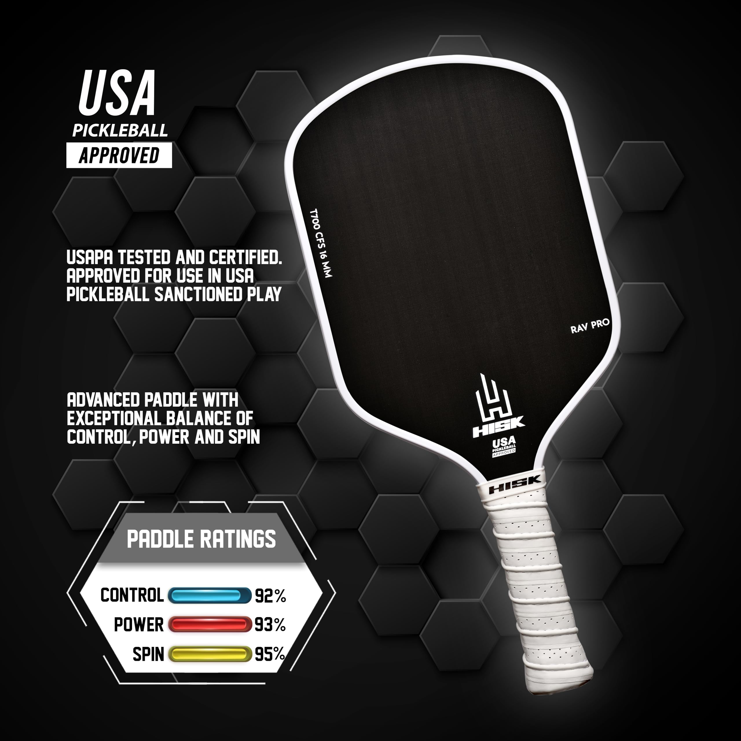 HISK RAV PRO Pickleball Paddle - Ultimate HIGH END 16mm Japanese Toray T700 Raw Carbon Fiber CFS w/Excellent GRIT Roughness Texture, Aero Dynamic Curve, USAPA Approved, Non Slip Grip
