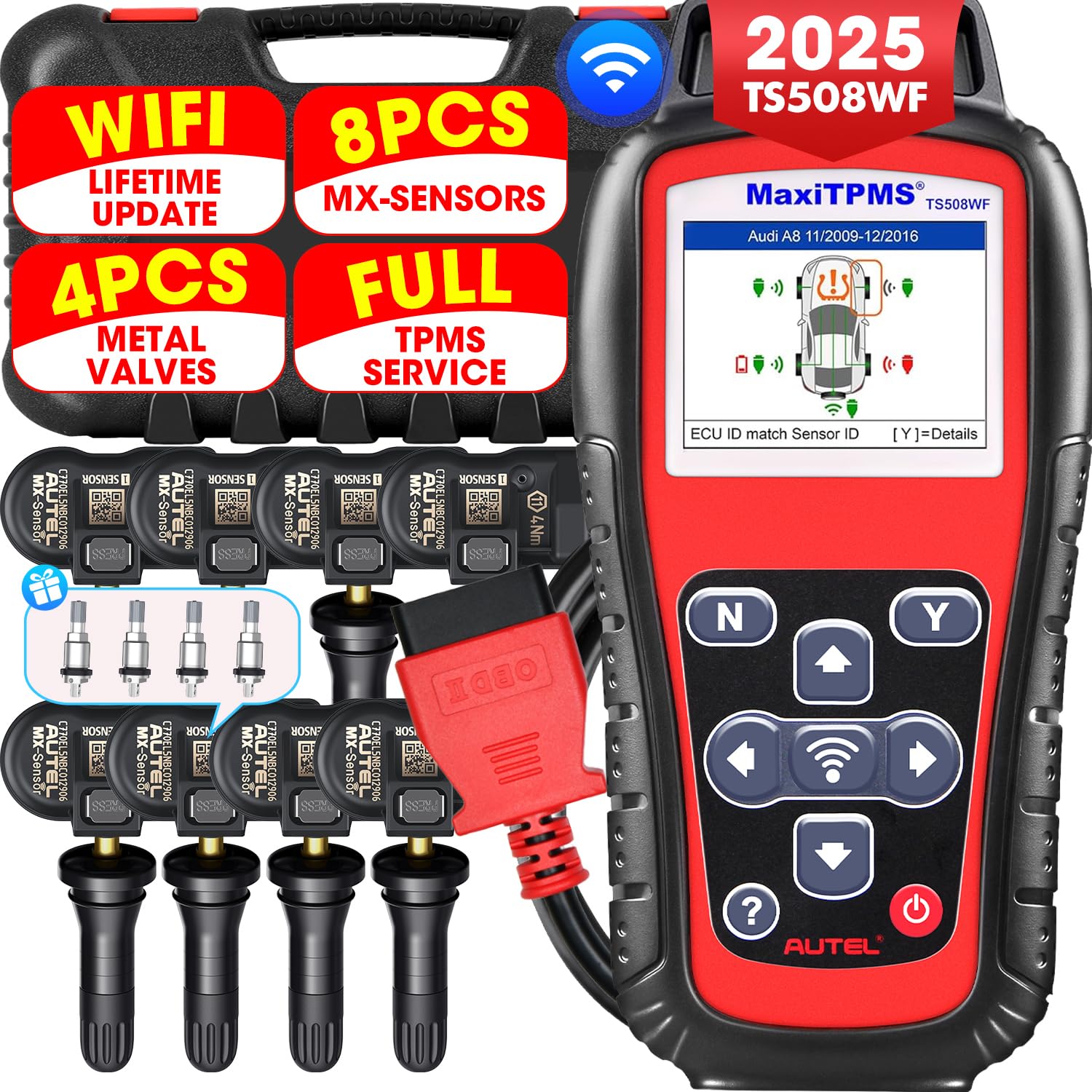 Autel MaxiTPMS TS508WF KIT, 2025 TPMS Programming Relearn Tool, WiFi Ver. of TS508 TS501 PRO TS601 TS408S, Lifetime Update, Relearn/Activate All Sensor, TPMS Scan Tool w/$300 8PCS Sensor &4PCS Valves