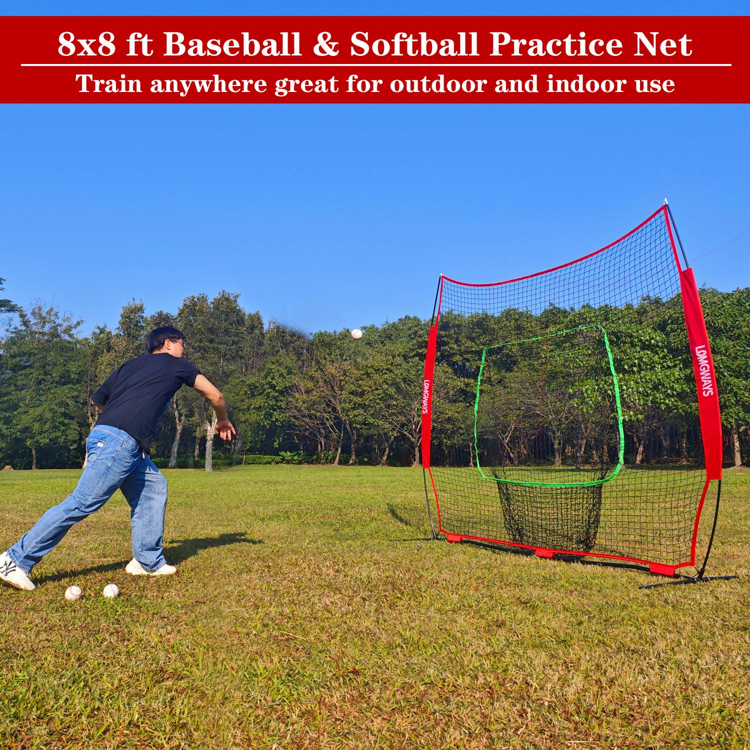 LOMGWAYS 8x8 ft Baseball & Softball Practice Net with Steel Frame for Batting, Hitting, Pitching, Portable Baseball Batting Net with Carry Bag, Great for All Levels