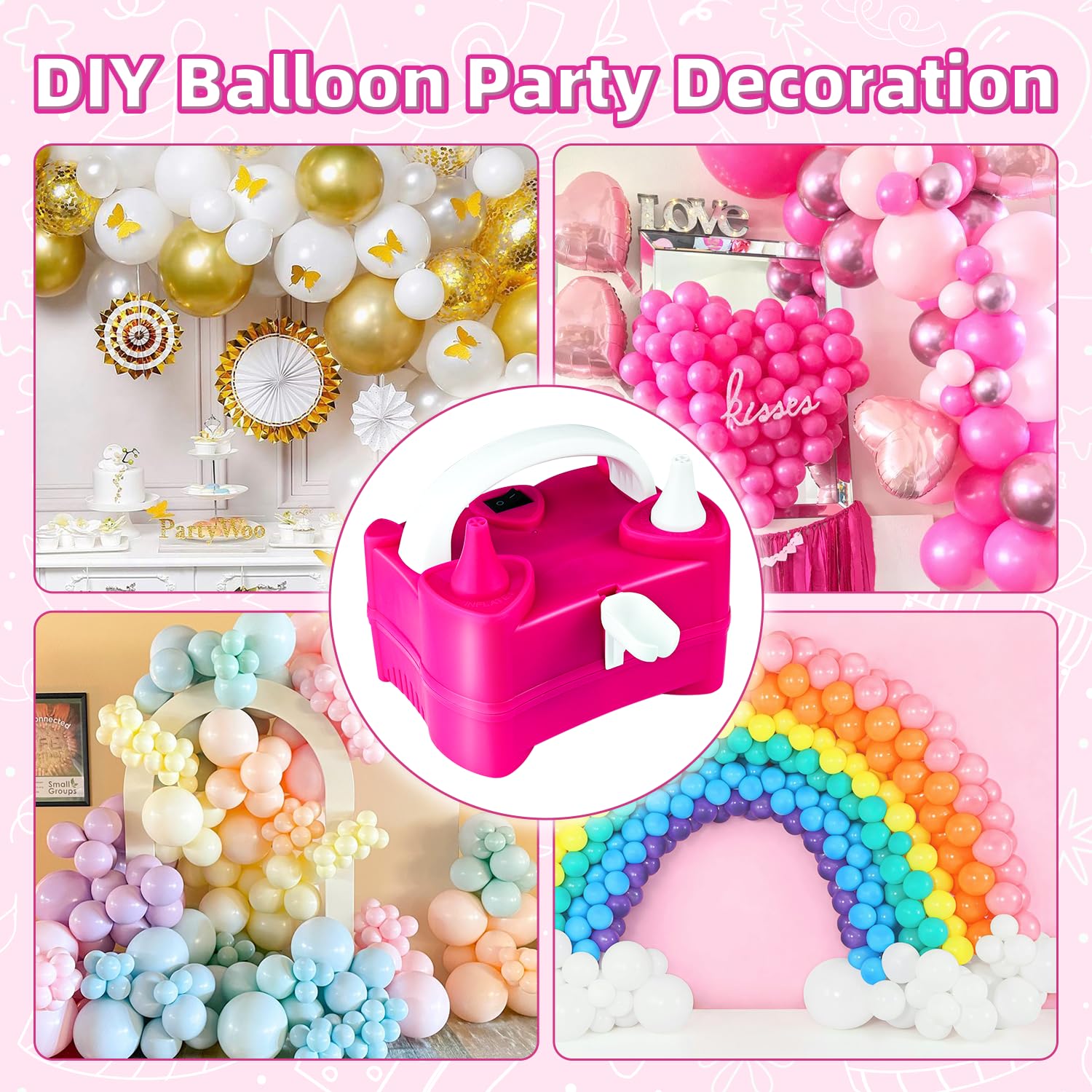 Bezente Balloon Pump Electric, Portable Electric Air Pump Balloon Inflator Balloon Blower Machine Dual Nozzle Electric Balloon Pump for Party Decorations Wedding Birthday
