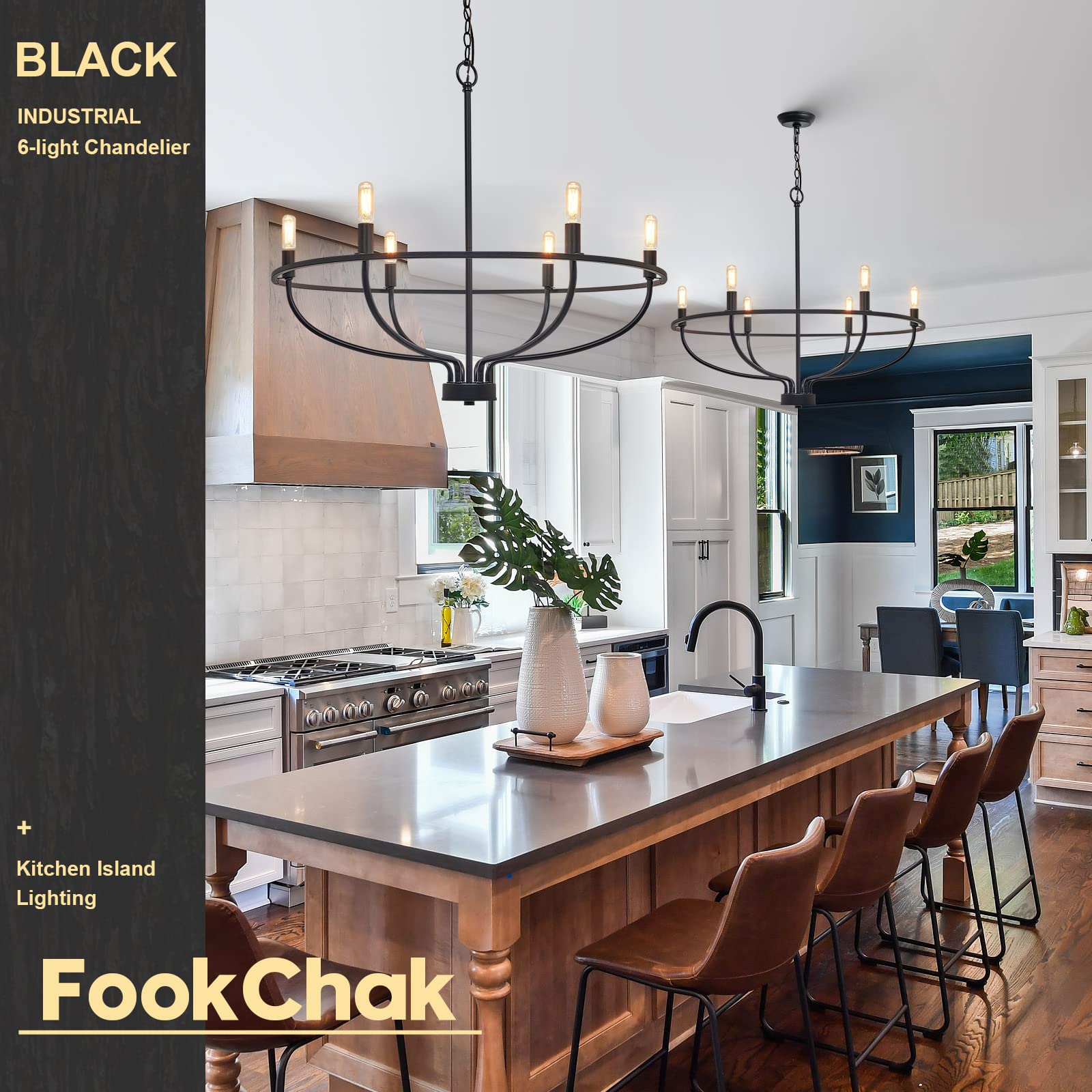 FookChak 6-Light Black Chandelier Light Fixture Industrial Candle Chandelier Black Chandeliers for Dining Room for Bedroom, Living Room,Kitchen,28.54in, E12