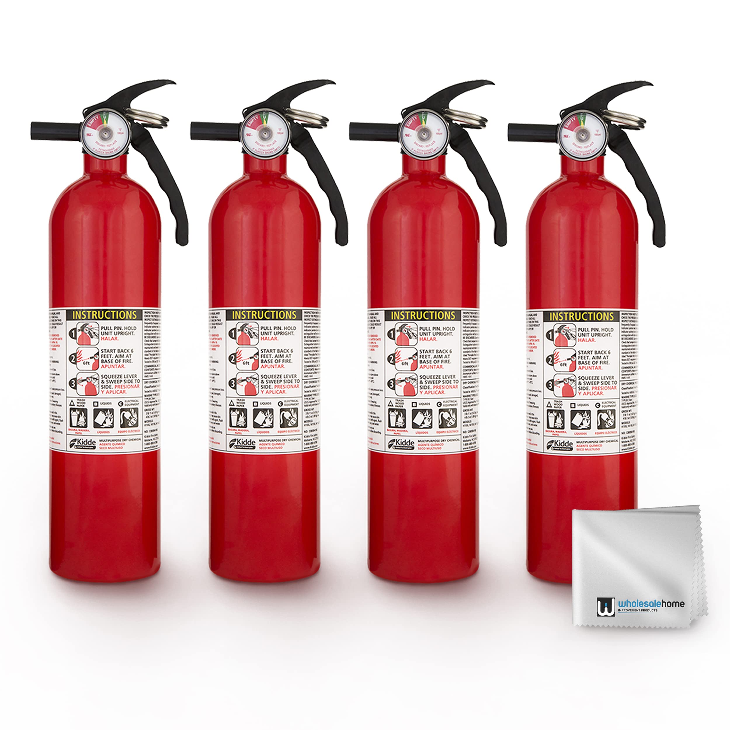 Kidde FA110 Multipurpose Fire Extinguishers 4 Pack - Red, (Rating 1-A:10-B:C) Includes Wholesalehome Cleaning Cloth