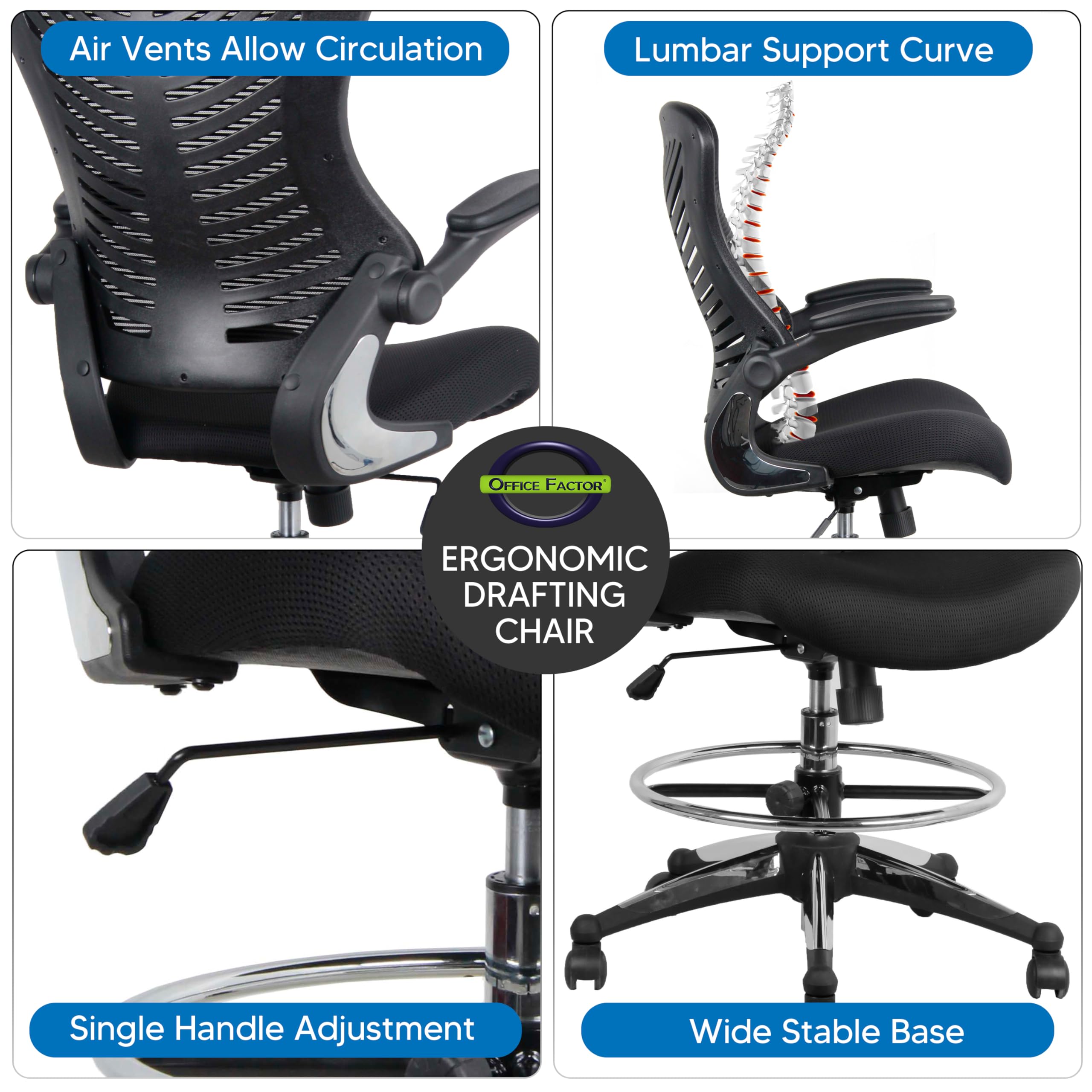 OfficeFactor Ergonomic Drafting Chair Tall Office Chair Standing Desk Chair Flip up Armrests Molded Foam Seat with Adjustable Footrest Ring Lumbar Support (Black MESH Fabric)