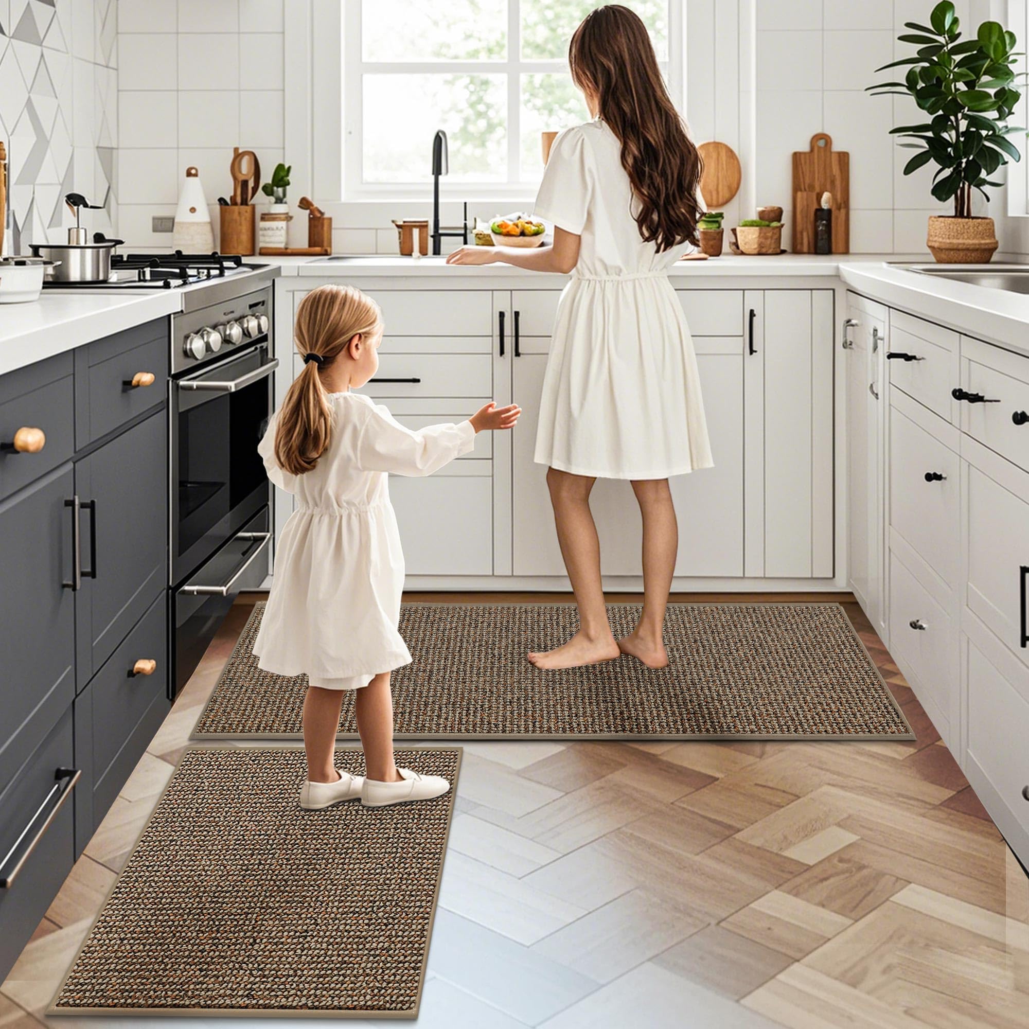 JSEI Kitchen Rugs, 2PCS Non-Slip Kitchen Mats for Floor, Machine Washable Absorbent and Stain Resistant Kitchen Runner, Carpet Mats with TPR Backing for Kitchen, 24”x36”+24”x60”, Beige