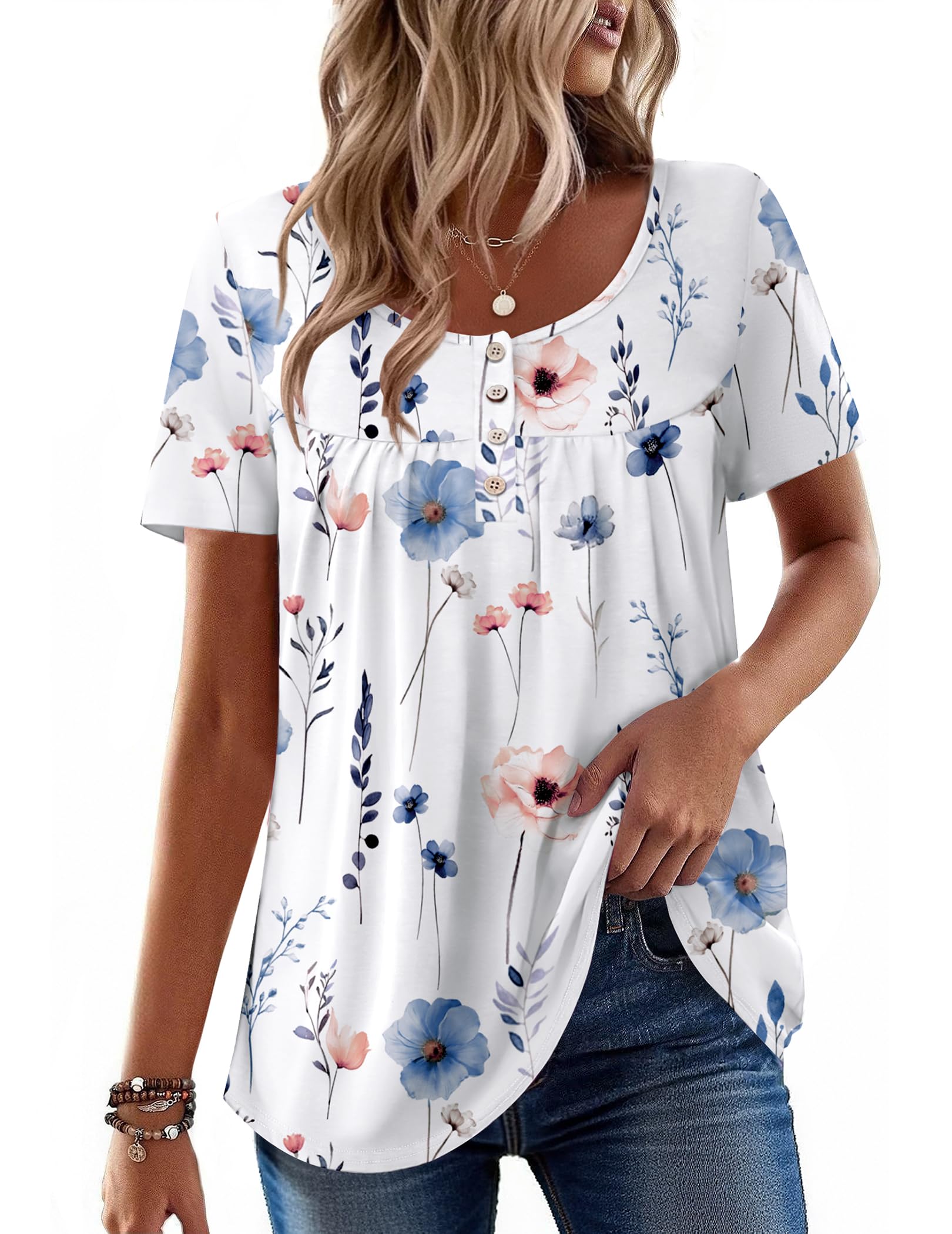 Zeagoo Short Sleeve Shirts for Women Summer Tops Dressy Casual Blouses Pleated Scooped Neck Tunic Tops for Leggings Large