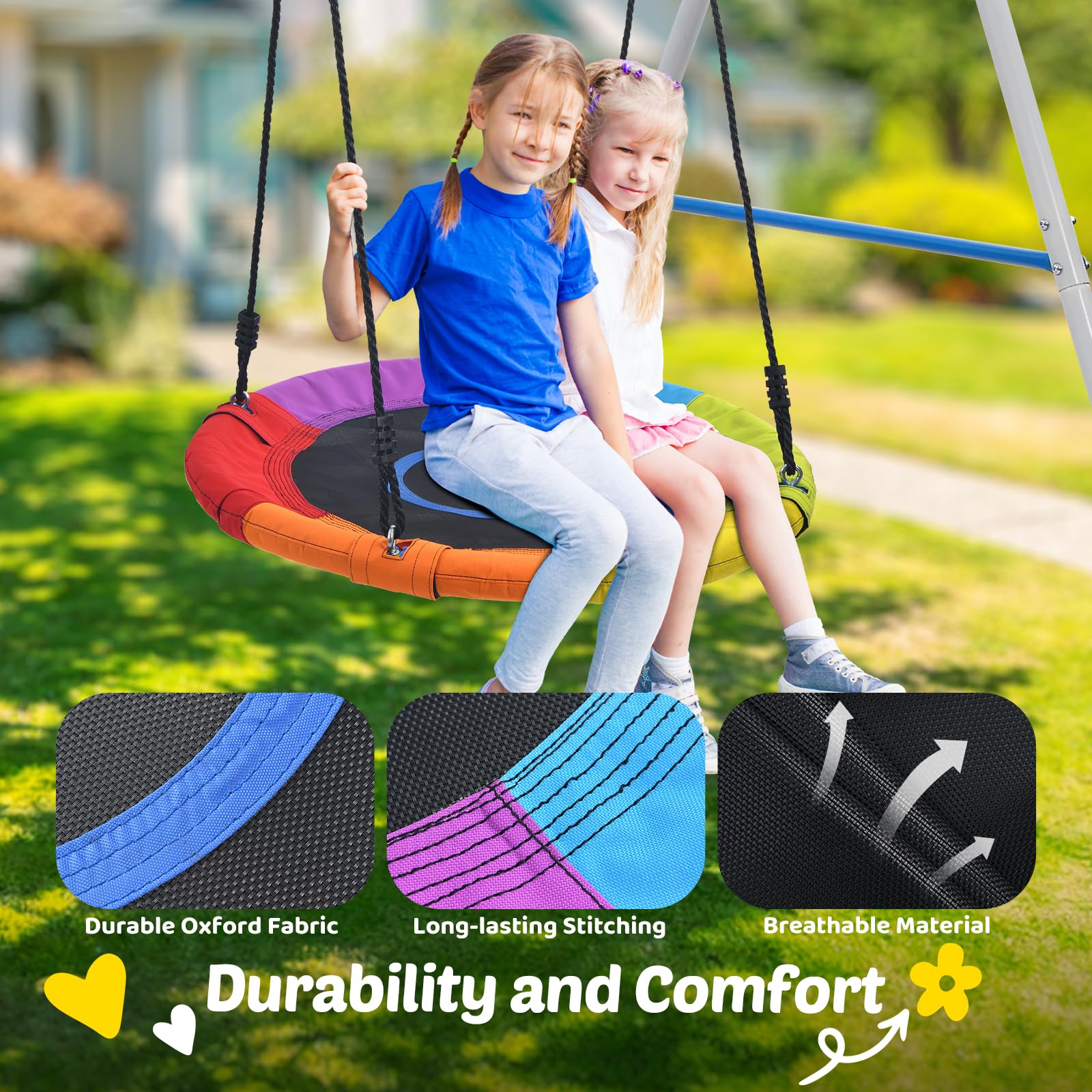 Trekassy Swing Set for Backyard, 440lbs Heavy Duty A-Frame Metal Swing Stand with 1 Saucer Swing and 1 Toddler Swing, Outdoor Kids Play Equipment for Playground, Playset