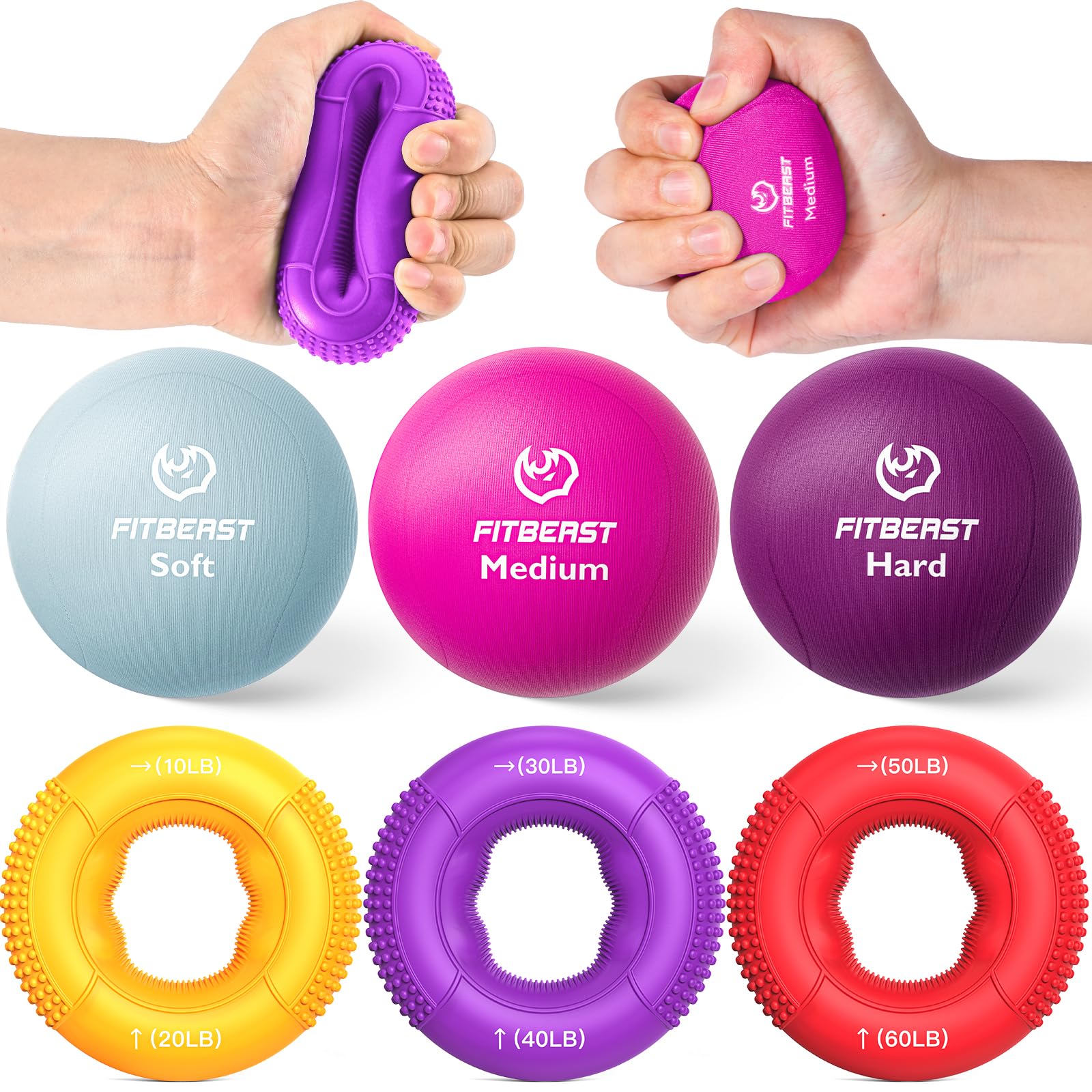 FitBeast Grip Strength Trainer, Finger Exerciser, Stress Balls for Adults, Hand Therapy for Strength, Recovery & Stress Relief, Forearm Strengthener for Men, Women & Seniors (6-Piece Bright Tones)