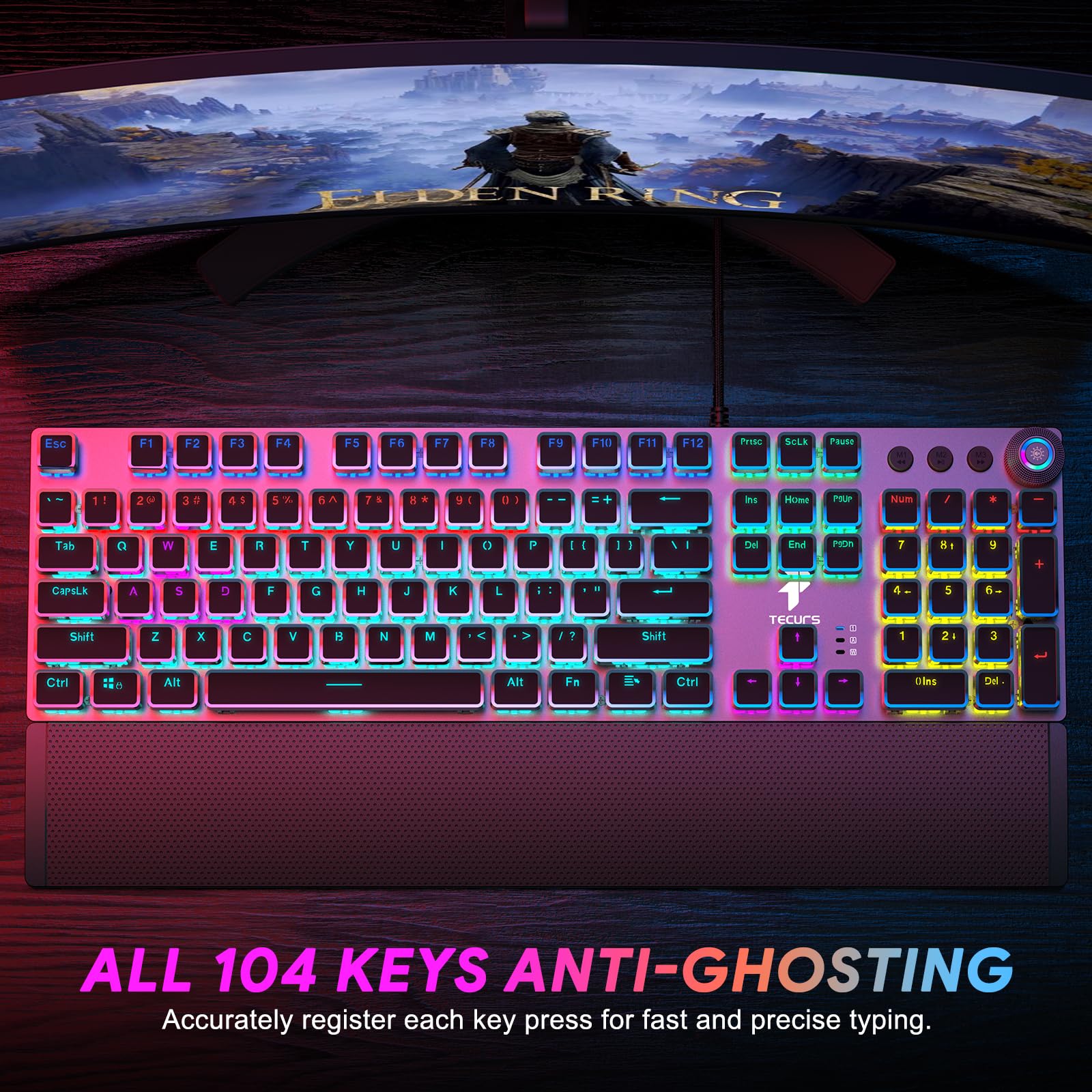 TECURS Gaming Keyboard Mechanical Keyboard with Magnetic Wrist Rest, Backlit PC Typewriter Keyboard LED, 104 Keys, Red Switch, Media Control Knob - Compatible with Windows/Mac/PC