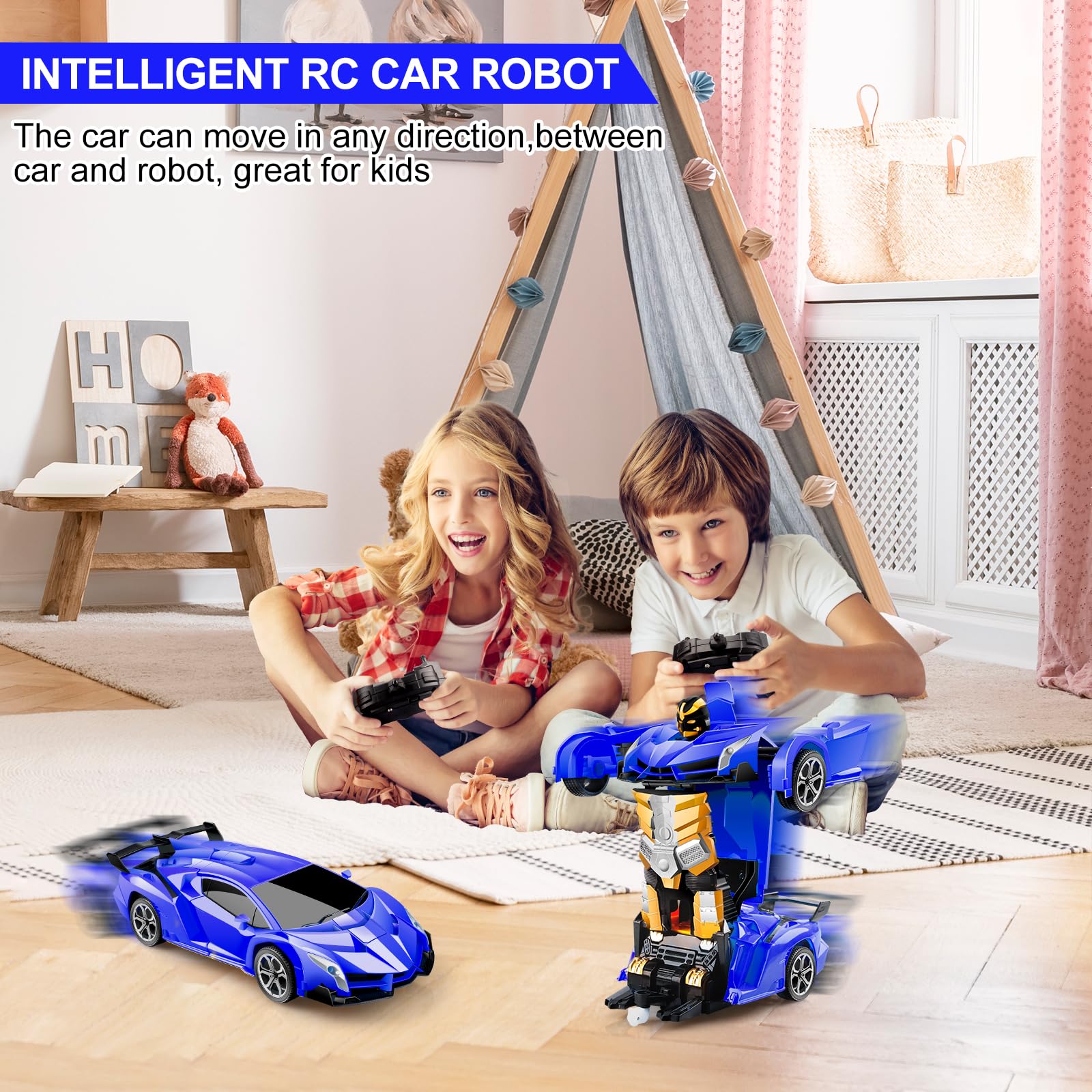 Blackma Remote Control Car - Transform, One-Button Deformation & 360°Rotating Drifting, Transform Robot RC Car with LED Light, Toy Gifts for 4 5 6 7 8 9 10 11 12 Years Old Boy (Blue)