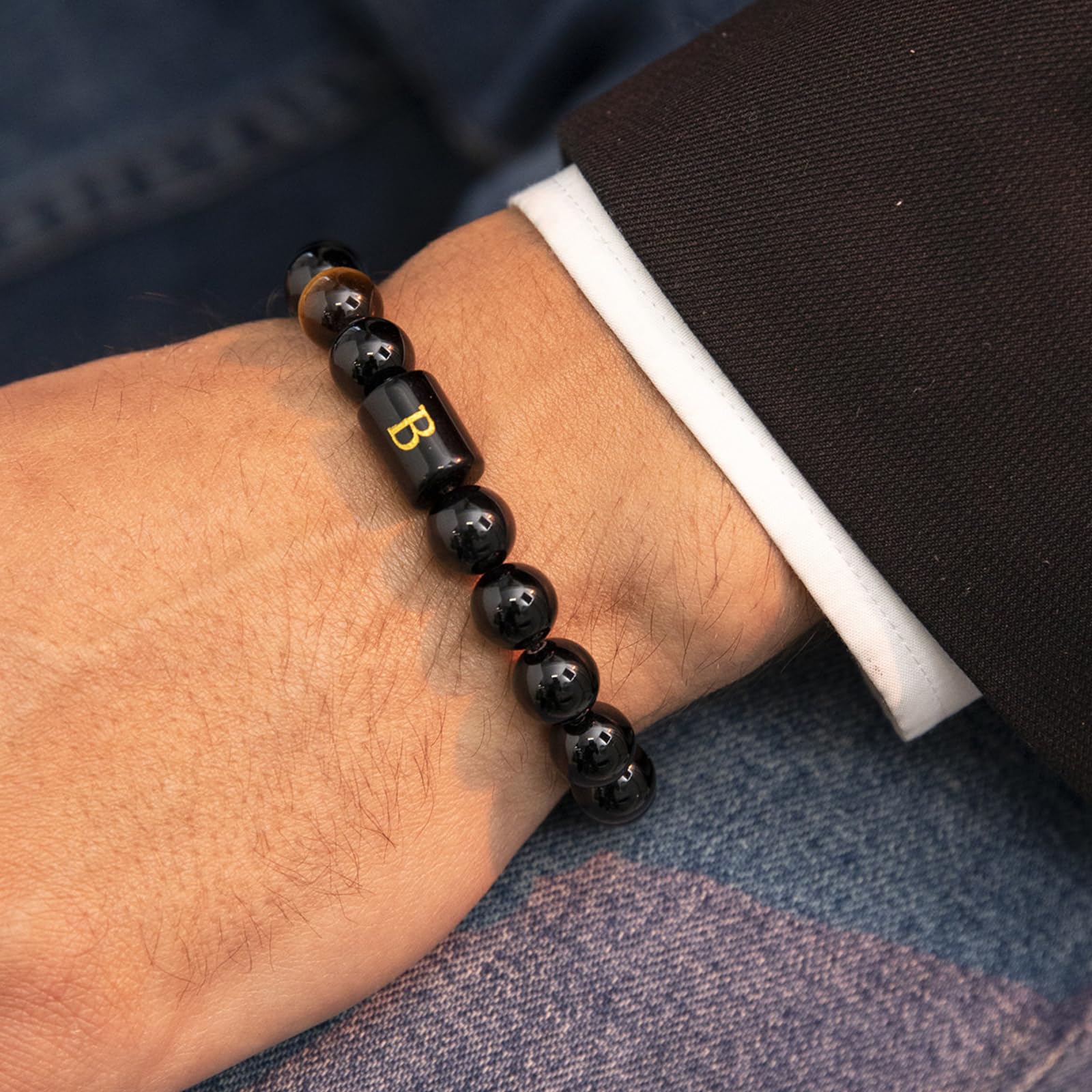 FRG To My Men,Initials Bracelets for Men Letter Link Handmade Natural Black Onyx Tiger Eye Stone Beads Braided Rope Meaningful Bracelet for Boyfriend Husband Birthday Fathers Gifts(C)