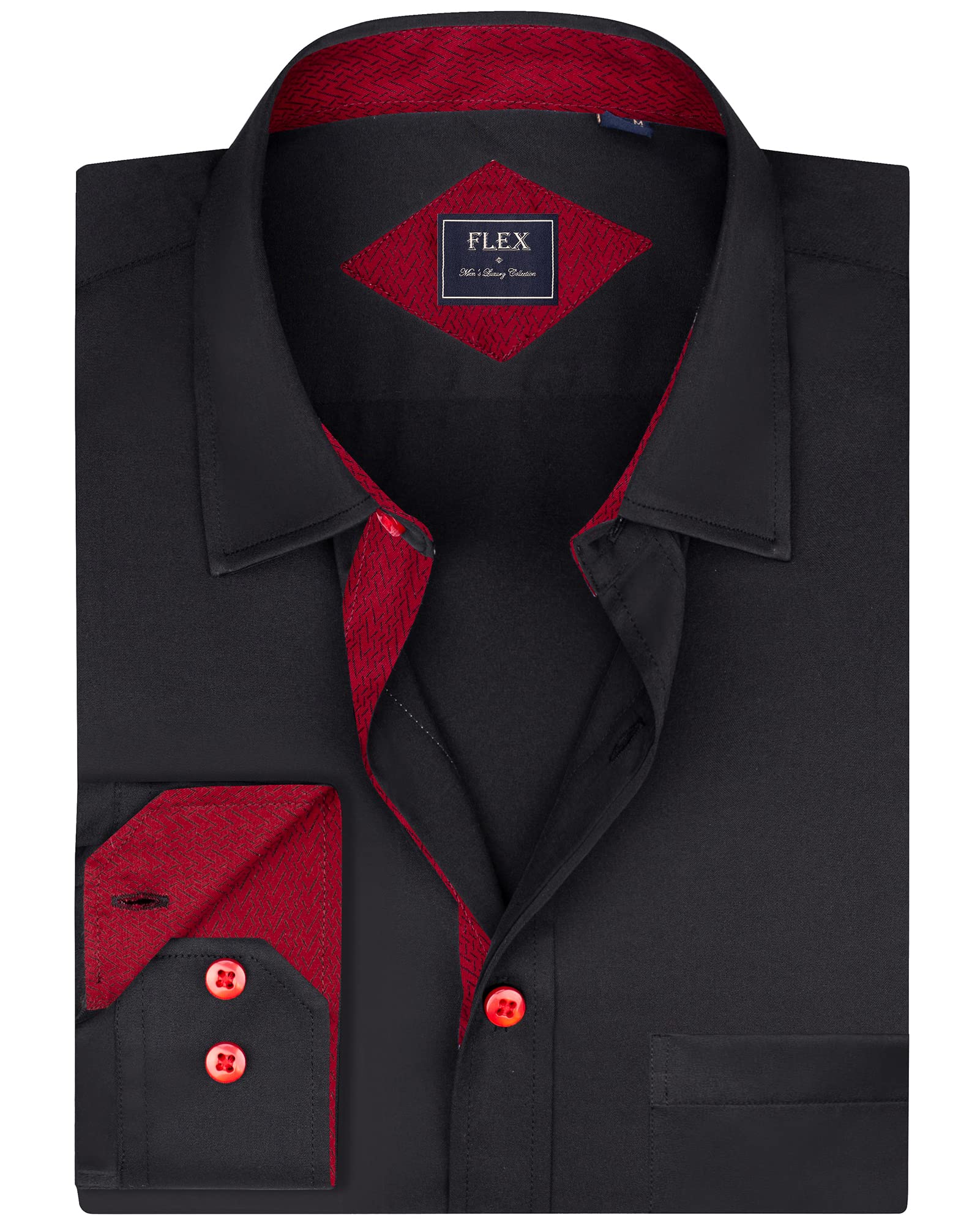 Alimens & Gentle Men's Button Down Shirts Long Sleeve Wrinkle-Resistant Regular Fit Dress Shirt, Color: Flex-Black&Red-Pocket, Size: Medium