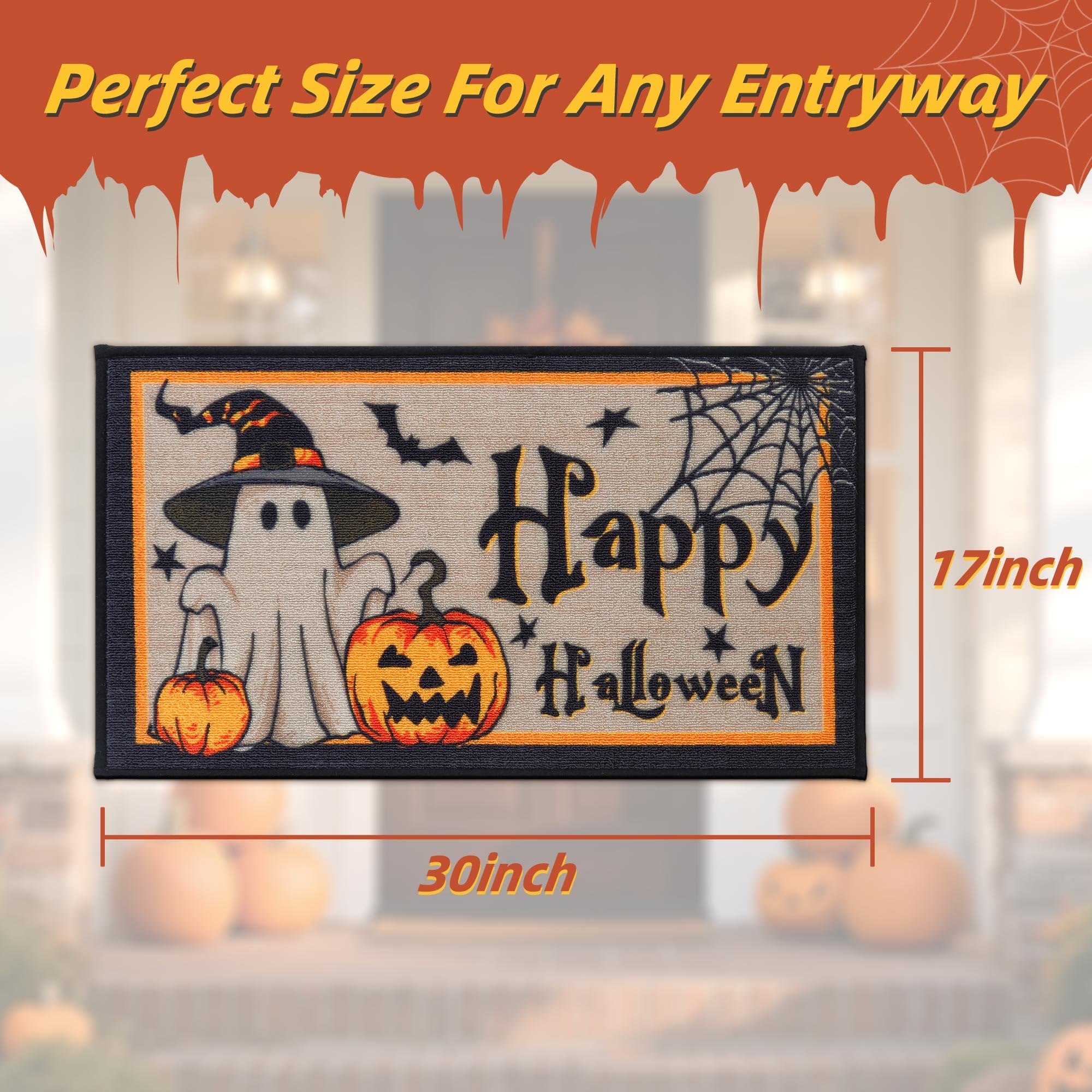 JSEI Halloween Holiday Doormat, 17''x30'' Non-Slip Ghost and Pumpkins Decorative Welcome Mats for Floor, Low-Profile Entryway Rugs Washable, Cute Ghost Pattern