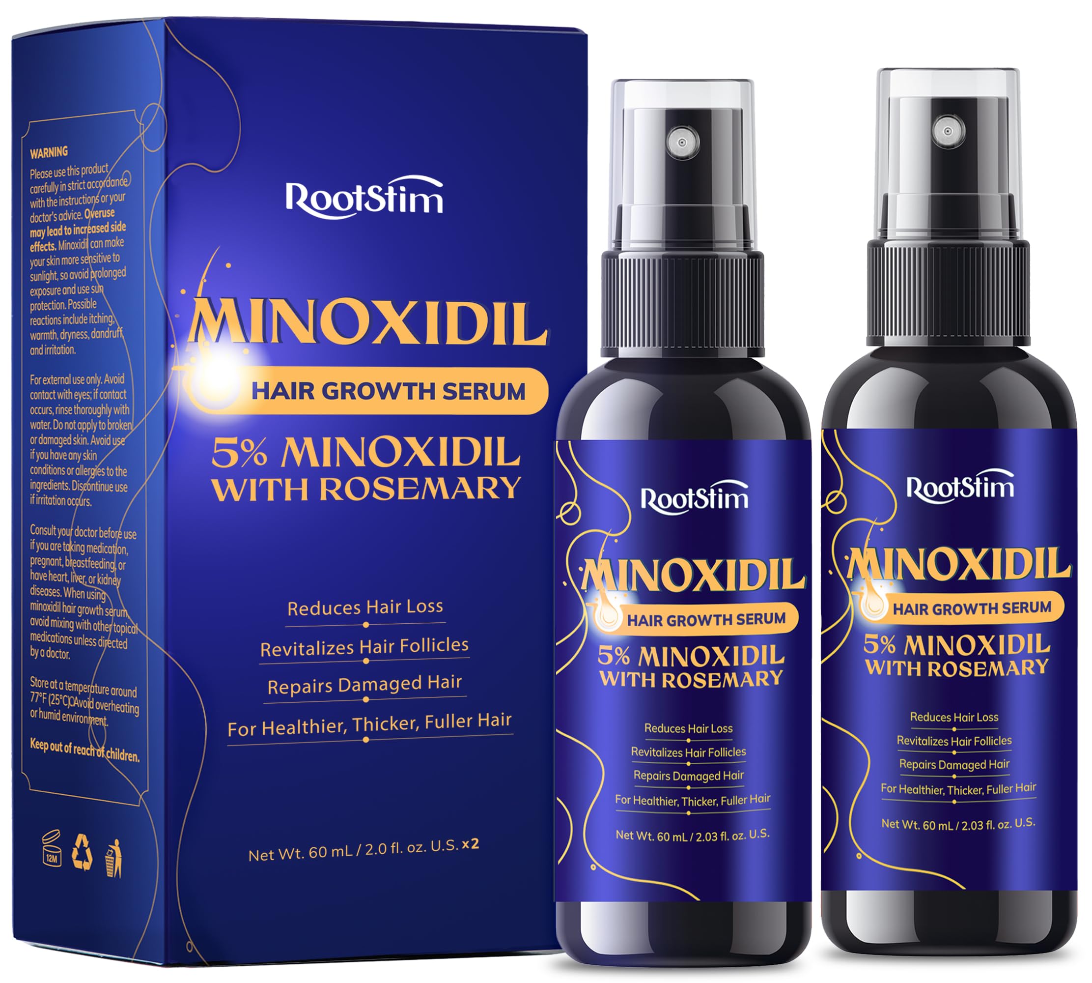 5% Minoxidil Hair Growth for Men and Women: 2-Pack Extra Strength Minoxidil Hair Loss Treatment Serum with Rosemary for Faster Stronger Thicker Hair Growth - 60ML Each