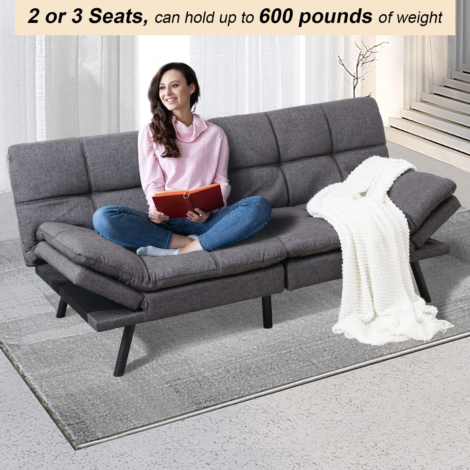 Opoiar Futon Sofa Bed Memory Foam Couch Bed Loveseats Convertible Modern Futon Couch Small Sleeper Sofa with Arm Rest, Metal Legs, Grey Futons for Small Space