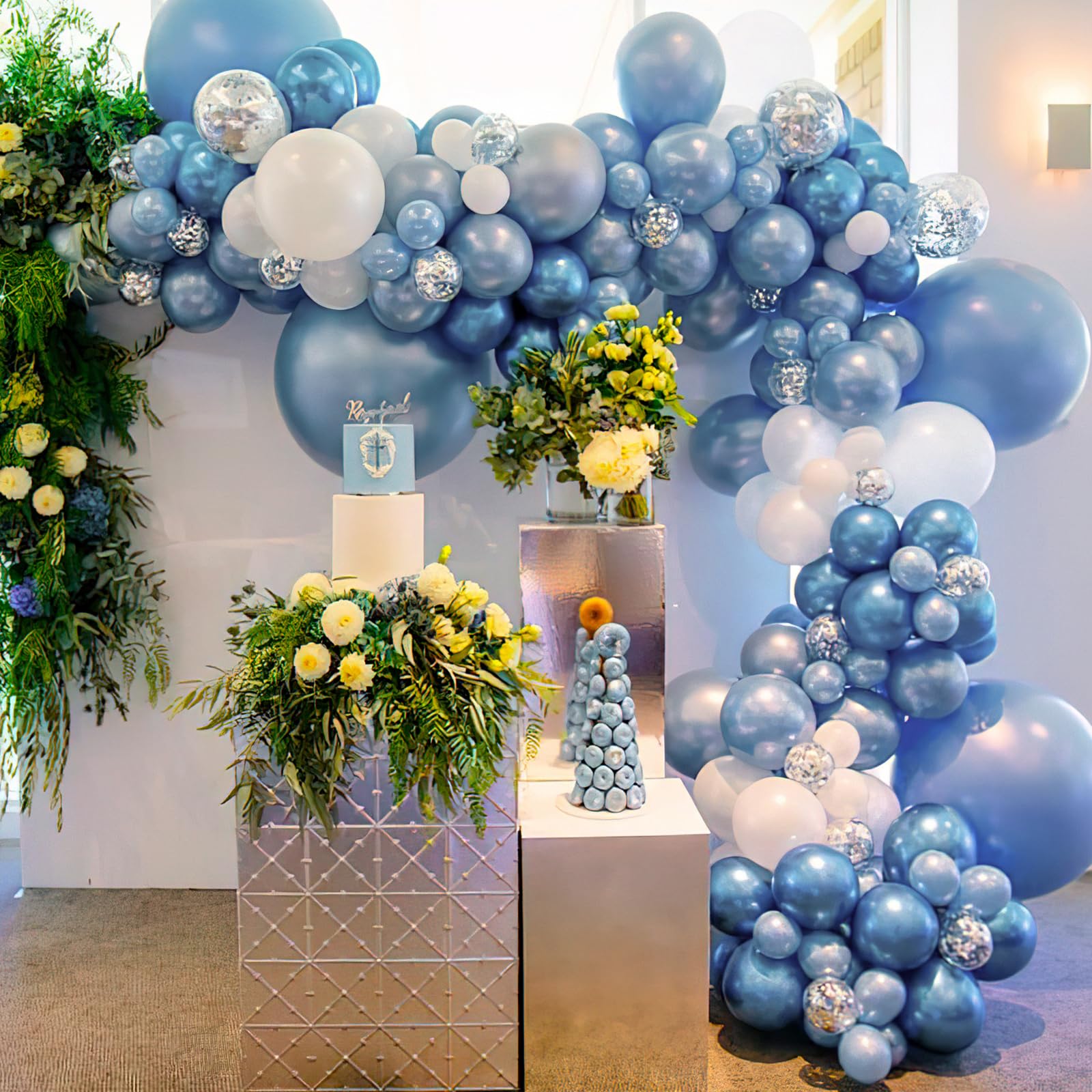 PartyWoo Blue and Silver Balloons 65pcs 12 Inch Light Pastel Baby Metallic Pearl Blue Metallic Chrome Silver Confetti Balloons for Gender Reveal Wedding Baby Shower Birthday Party Decorations