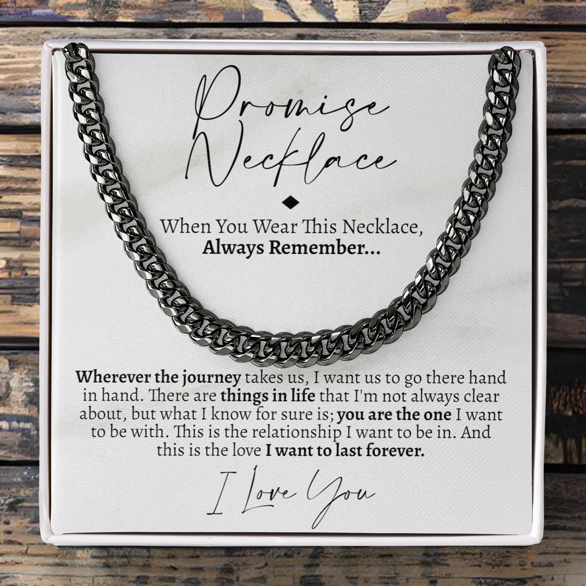 Love You This Much Promise Cuban Chain Necklace for Him, 7mm Thick, Sentimental Gift for Him, BF Gift for Birthday, Gift Ideas for Boyfriend (Titan Black Finish)