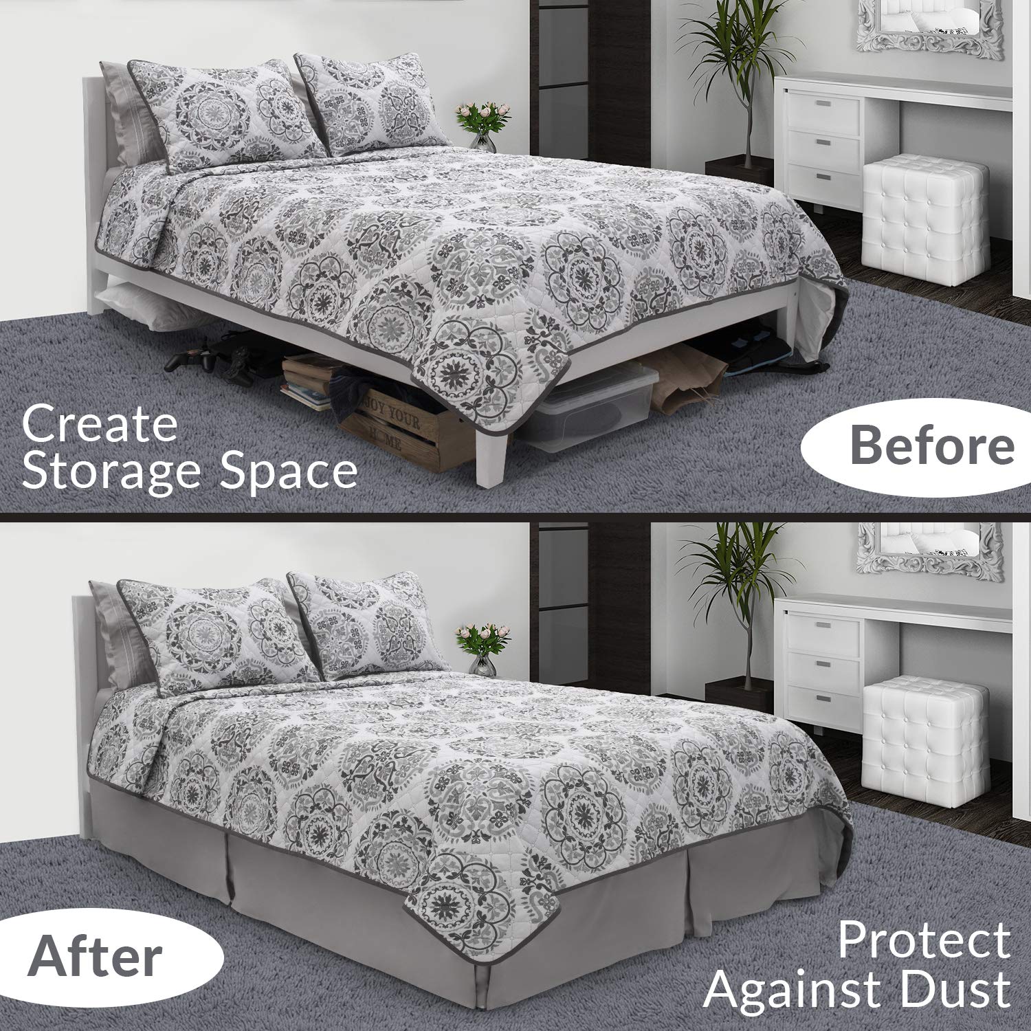 Mellanni Bedspread Coverlet Set + Pleated Bedskirt Bundle&Save - Bundle Includes: 3 Piece Quilt Set and 15-Inch Tailored Drop Pleated Dust Ruffle (King, Gray)