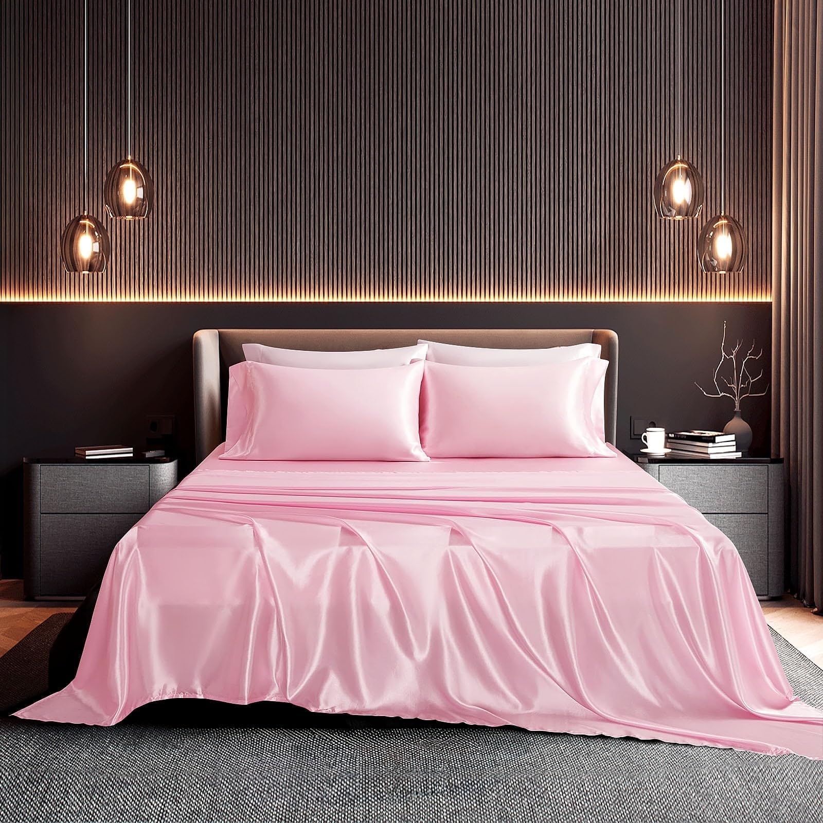 Seasonwood Pink Sheets Queen Size Soft 1800 Microfiber Satin Sheet Set 4 Pieces 2 Pillowcase