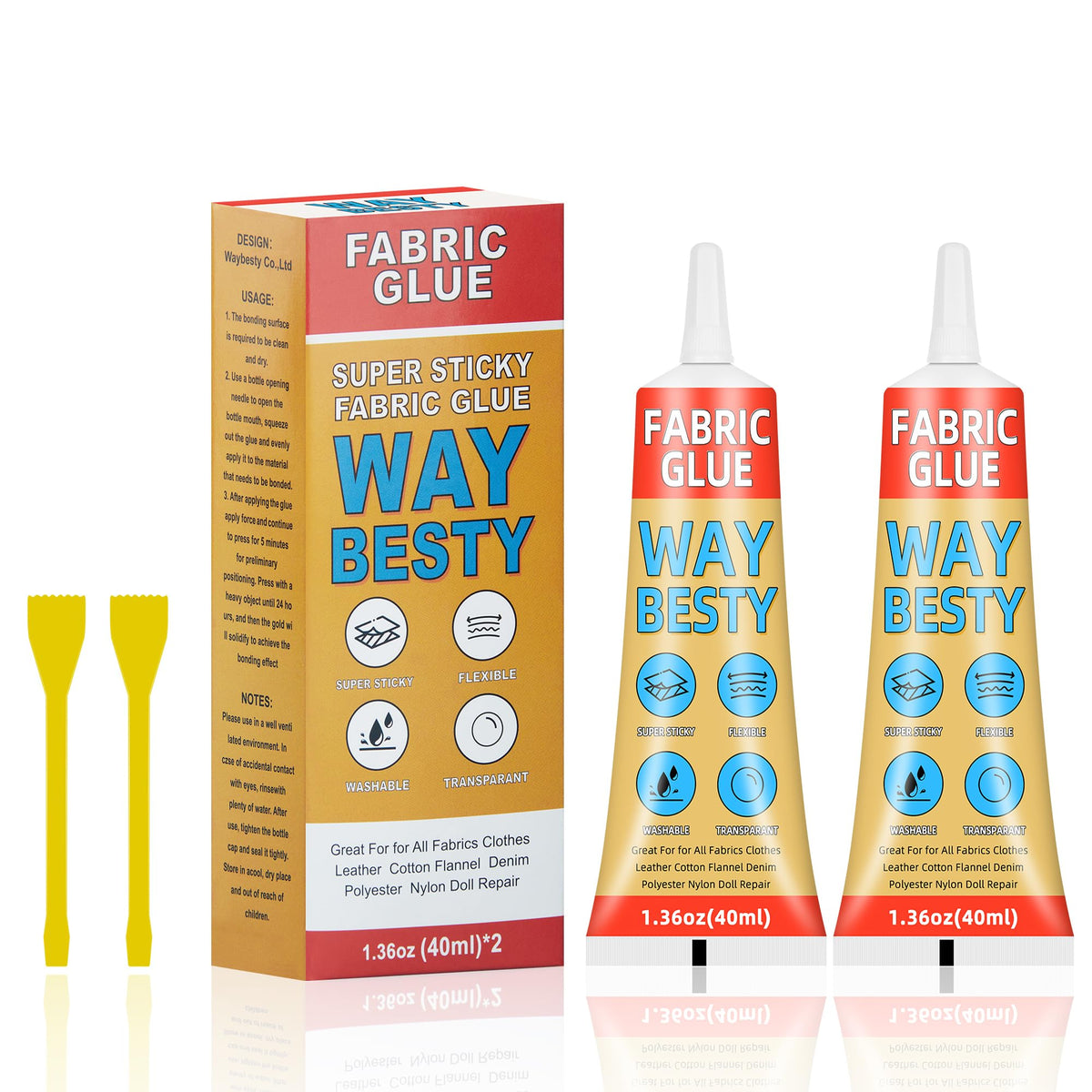 2PCS Fabric Glue, Strong Fabric and Leather Adhesive Permanent Clear Washable Clothing Glue for All Fabrics, Cotton, Flannel, Denim, Leather, Polyester, Doll Repair, 24 Hours Dry and Waterproof