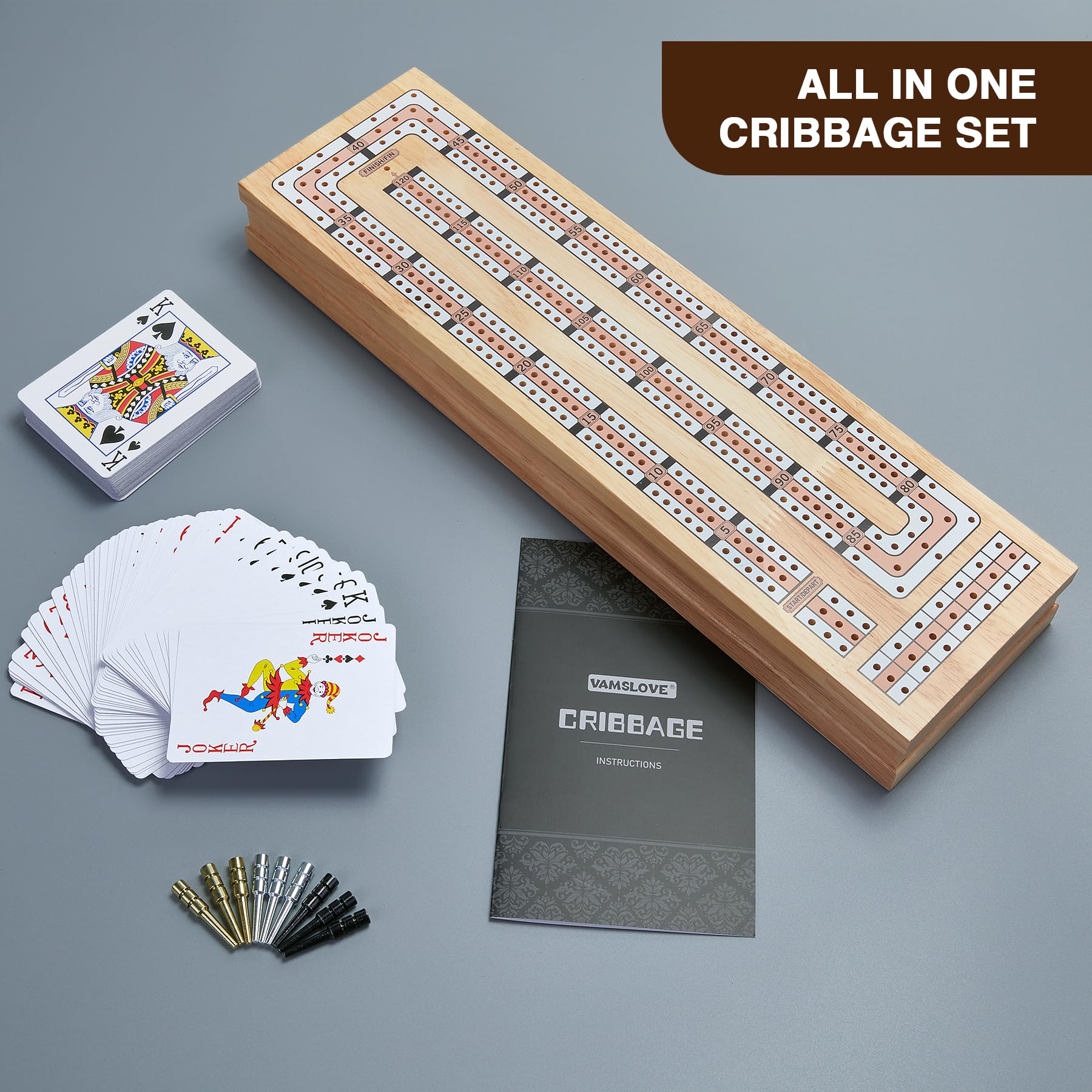 Vamslove Magnetic Cribbage Board 15'' Wooden Folding 3 Track Game Set, w/Instruction, Storage Slots for 2 Playing Cards/Pegs, Card Games for Travel Family Night
