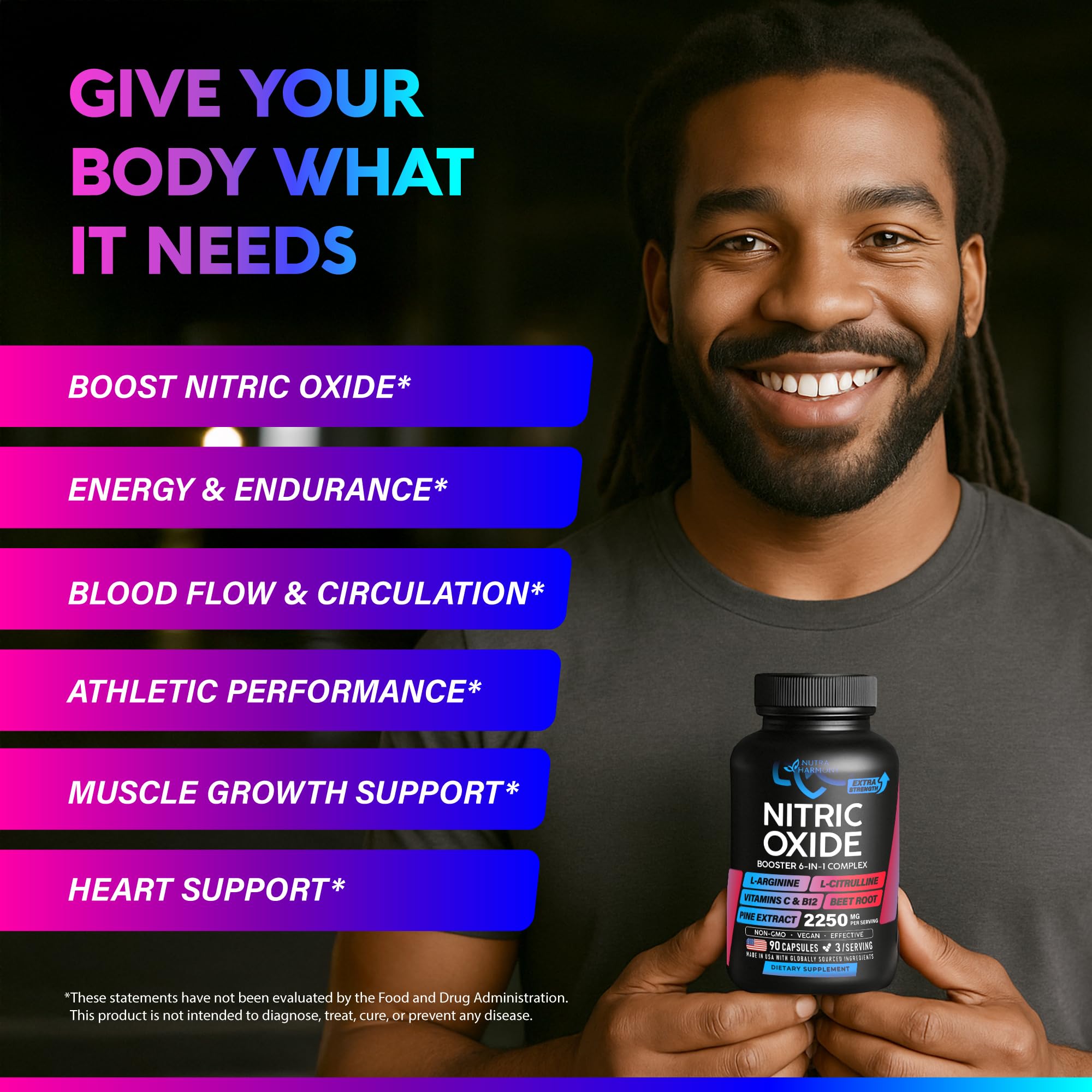Nitric Oxide Supplement for Men & Women 2250 mg - Nitric Oxide Booster - Pine Bark | L-Arginine | L-Citrulline | Beet Root | Vitamin C & B12 - Muscles, Energy & Circulation - Made in USA, 90 Capsules