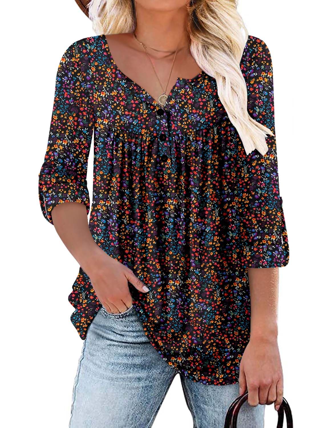 ROSELINLIN Tops for Women Fall Long Sleeve Shirts Bohemian Tops BlackColor M