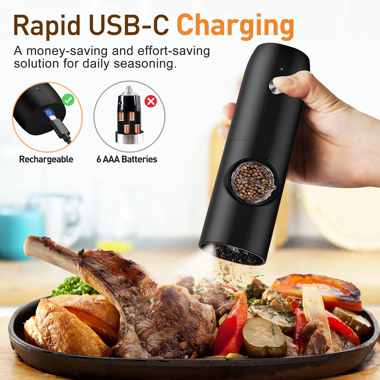 Electric Salt and Pepper Grinder Set, USB Rechargeable Kitchen Gadgets-Automatic Salt and Pepper Mill with Adjustable Coarseness, One-Hand Operation Built-in LED Light, Type-C Charging - 2 Pack