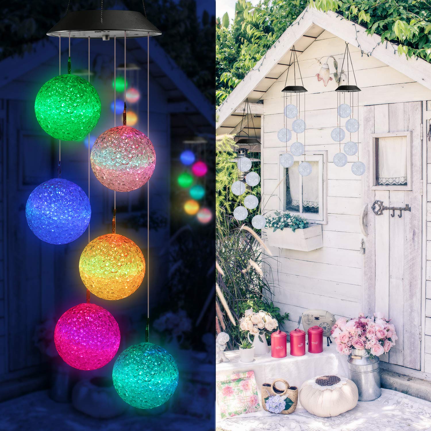Toodour Solar Wind Chime, Color Changing Ball Wind Chimes, LED Decorative Mobile, Gifts for Mom, Waterproof Outdoor Solar Lights for Garden, Patio, Party, Yard, Window, Outdoor Decorations