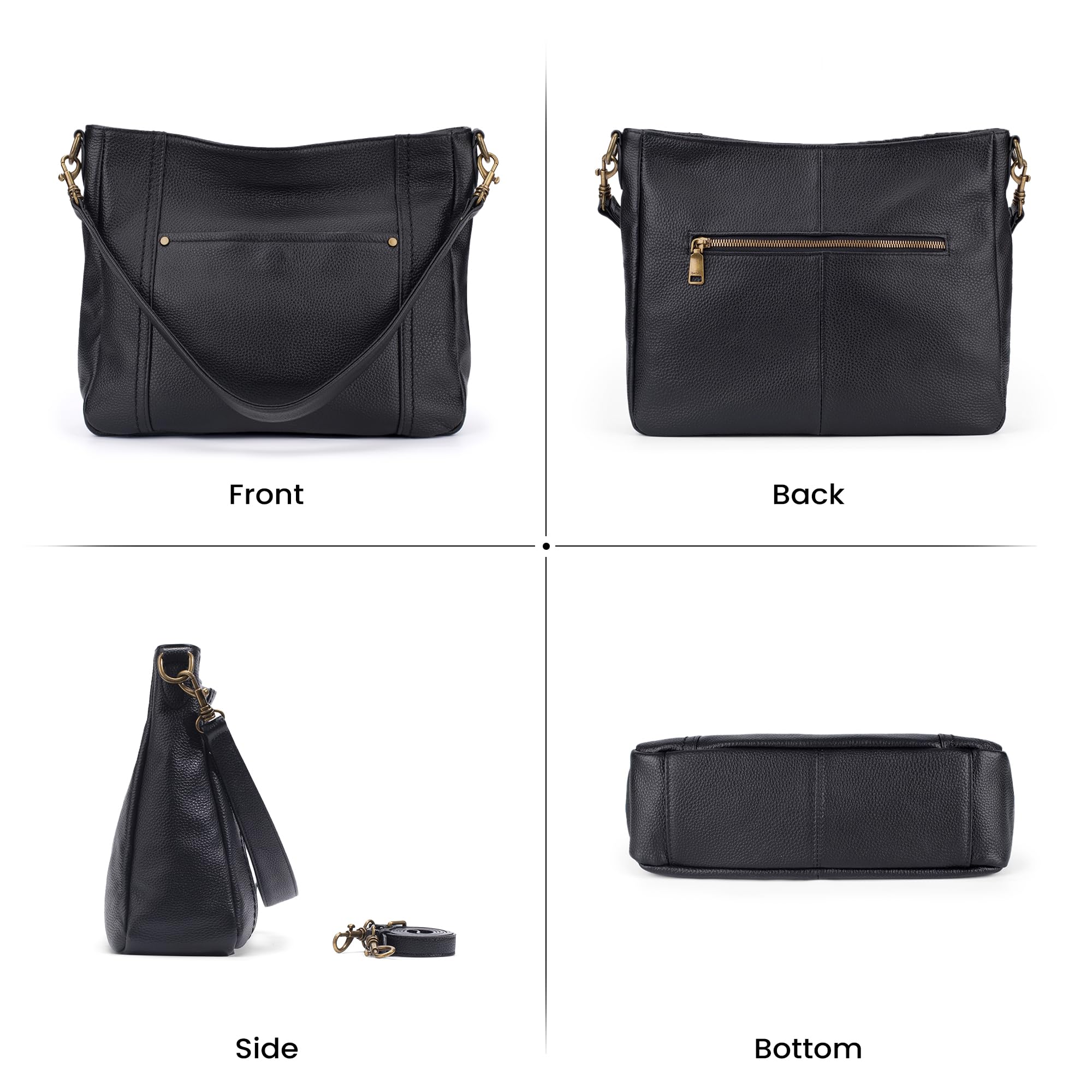 befen Black Genuine Leather Hobo Crossbody Bags for Women Retro Leather Purses Handbags Shoulder Bag with 2 Shoulder Straps