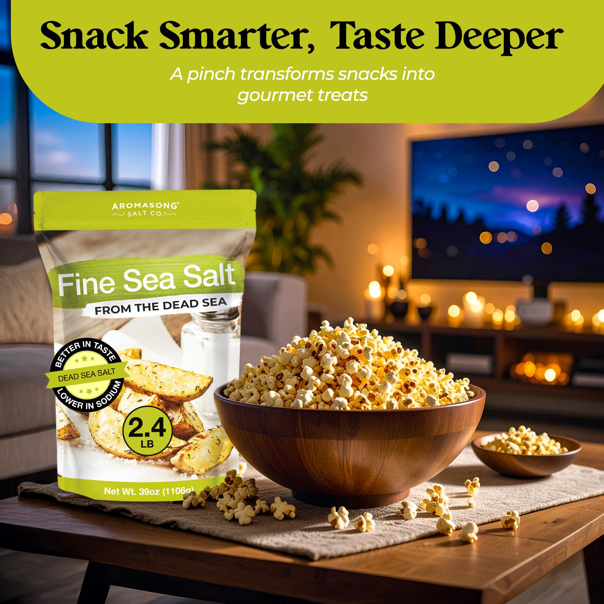 Aromasong 100% Natural Sea Salt From the Dead Sea, Fine Grain Table Salt, Large Bulk 2.43 Lb Resealable Bag, 100% Pure & Natural, Unrefined, Gluten Free, Sea Salt for Daily Cooking