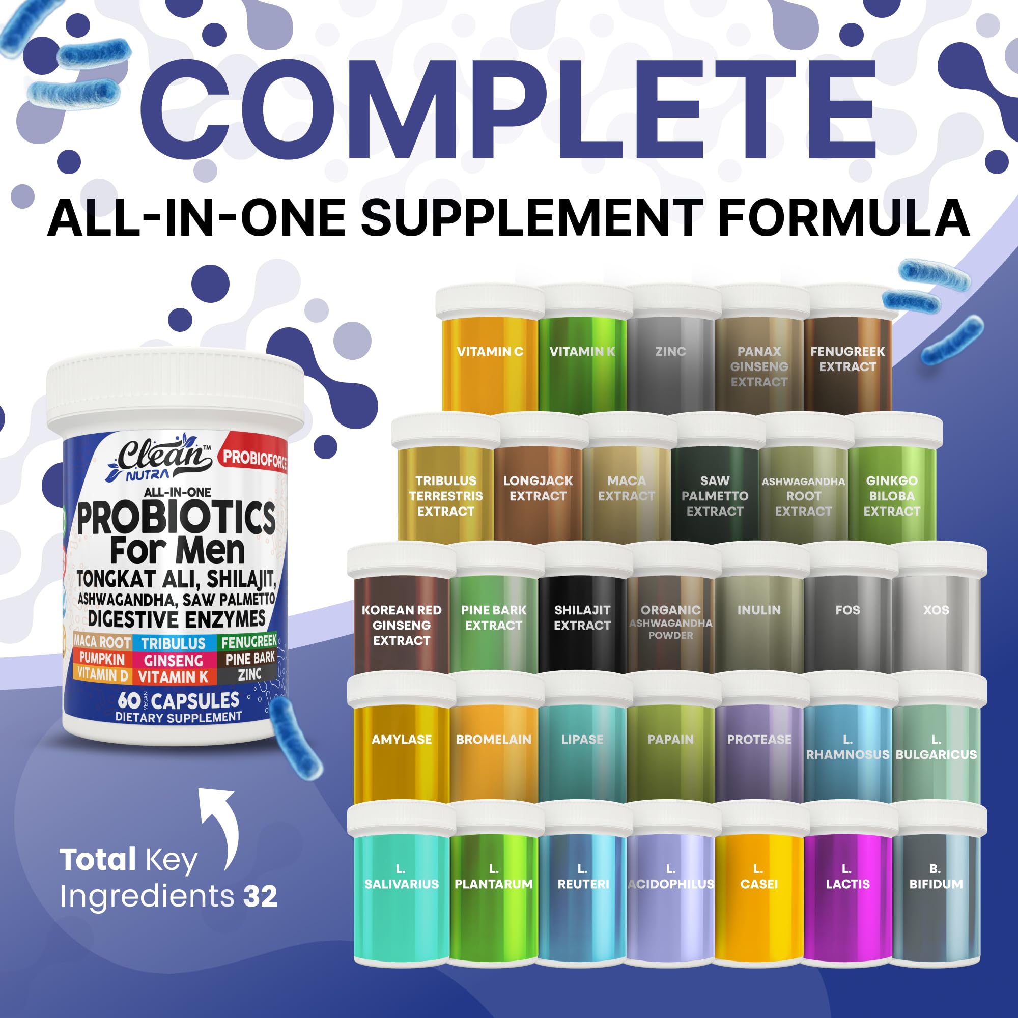 Clean Nutra Probiotics for Men | Tongkat Ali, Saw Palmetto, Tribulus, Ginseng, Ashwagandha, Maca, Pumpkin, Gingko Biloba, Pine Bark, Fenugreek, Shilajit, Zinc - Mens Probiotic 60 Capsules