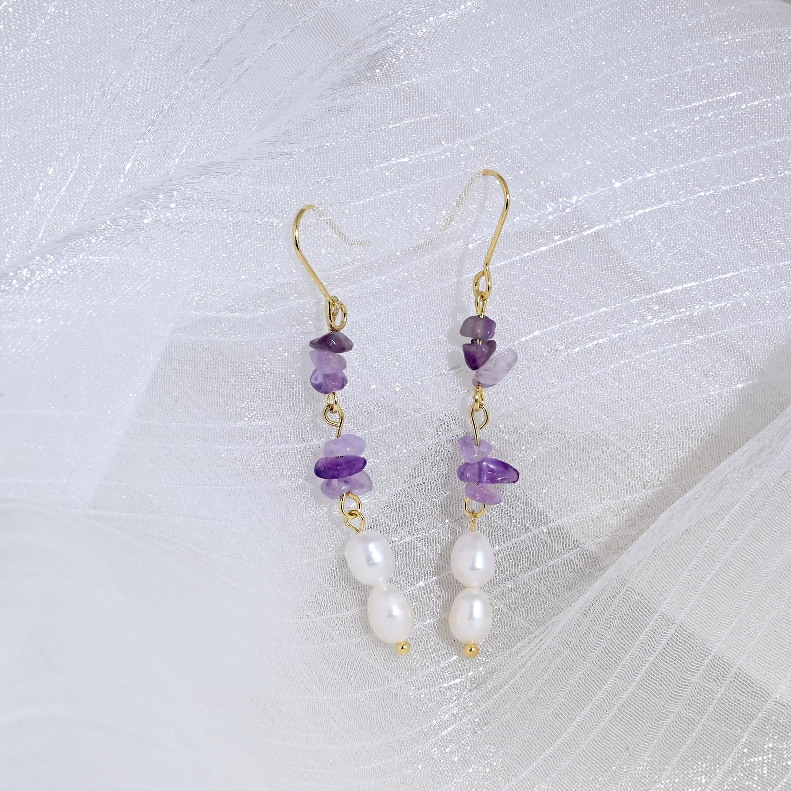 Gold Plated Amethyst Earrings Pretty Purple Earrings Dangle Pearls Hypoallergenic Crystal Nature Earrings for Women Trendy